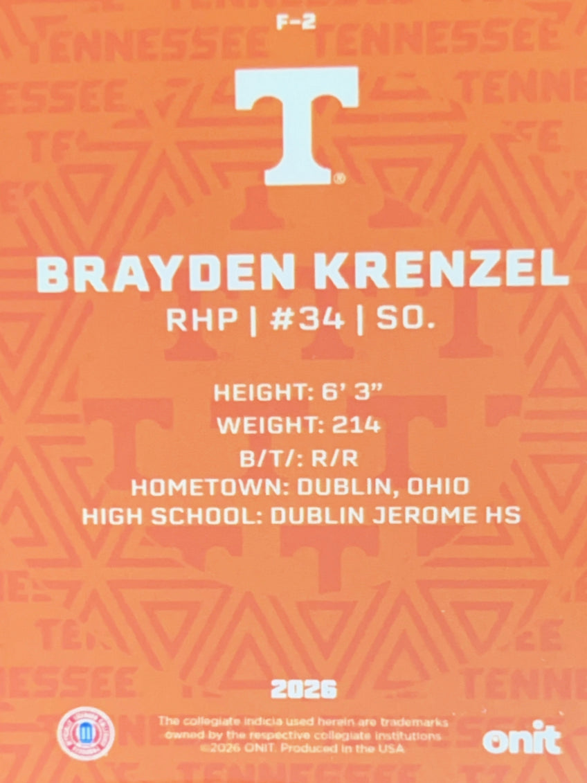2026 ONIT Tennessee Baseball Brayden Krenzel #F-2