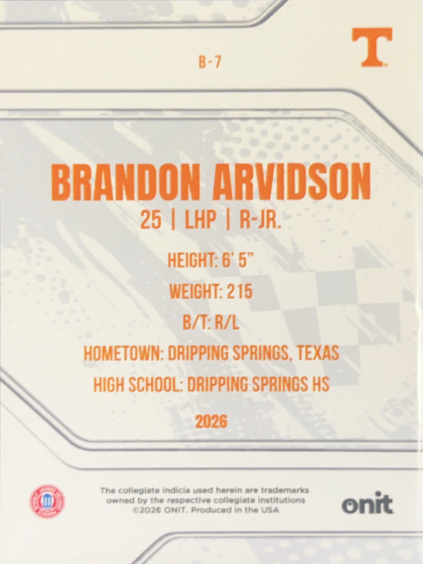2026 ONIT Tennessee Baseball Brandon Arvidson #B-7