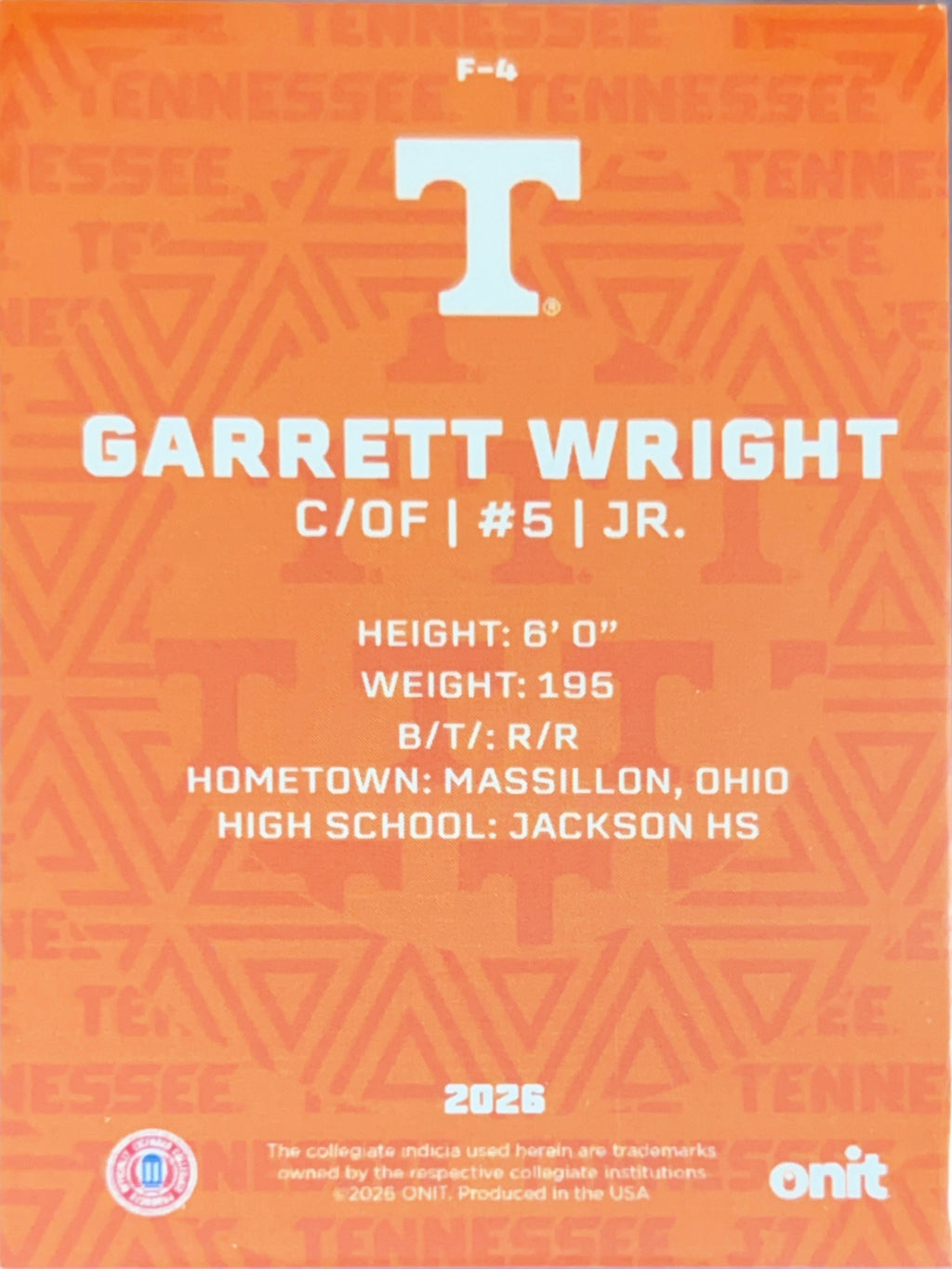 2026 ONIT Tennessee Volunteers Baseball Garrett Wright #F-4 Orange Sparkle