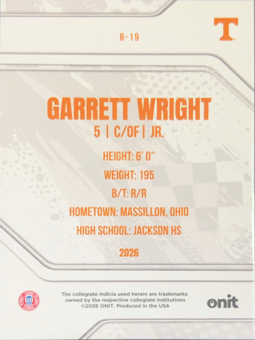 2026 ONIT Tennessee Baseball Garrett Wright #B-19 Purple Sparkle