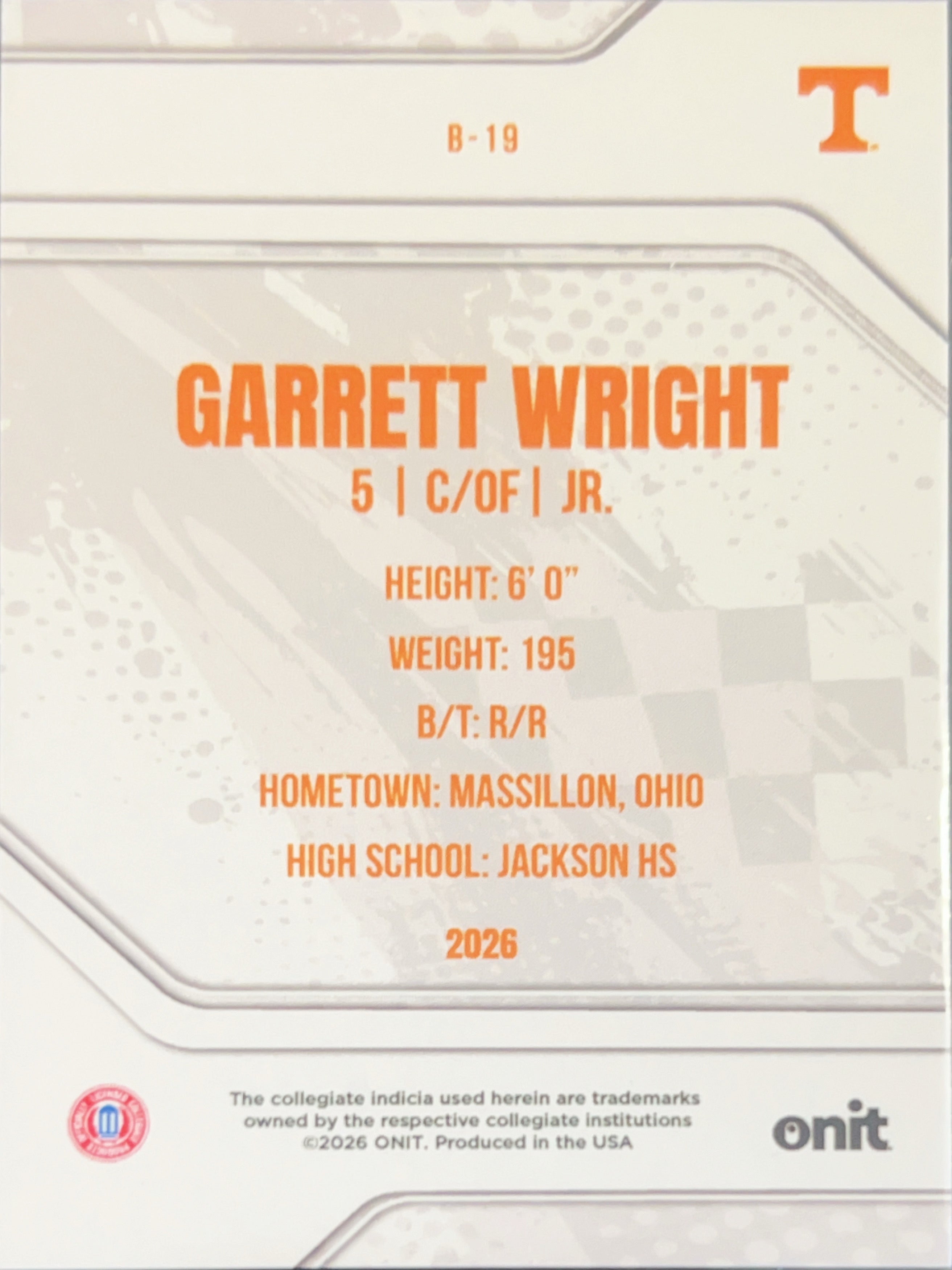 2026 ONIT Tennessee Baseball Garrett Wright #B-19 Purple Sparkle
