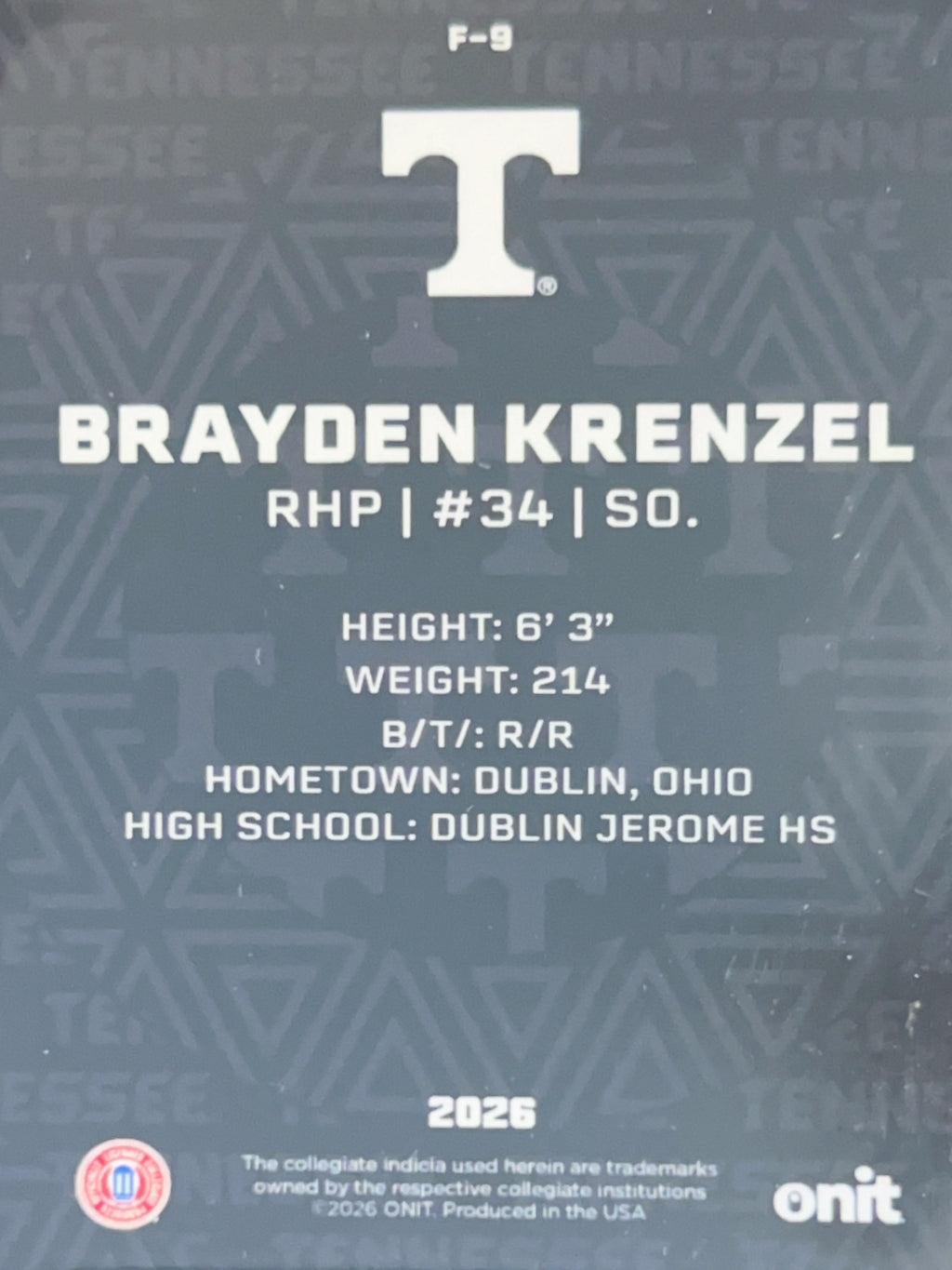 2026 ONIT Tennessee Vols Brayden Krenzel #F-9