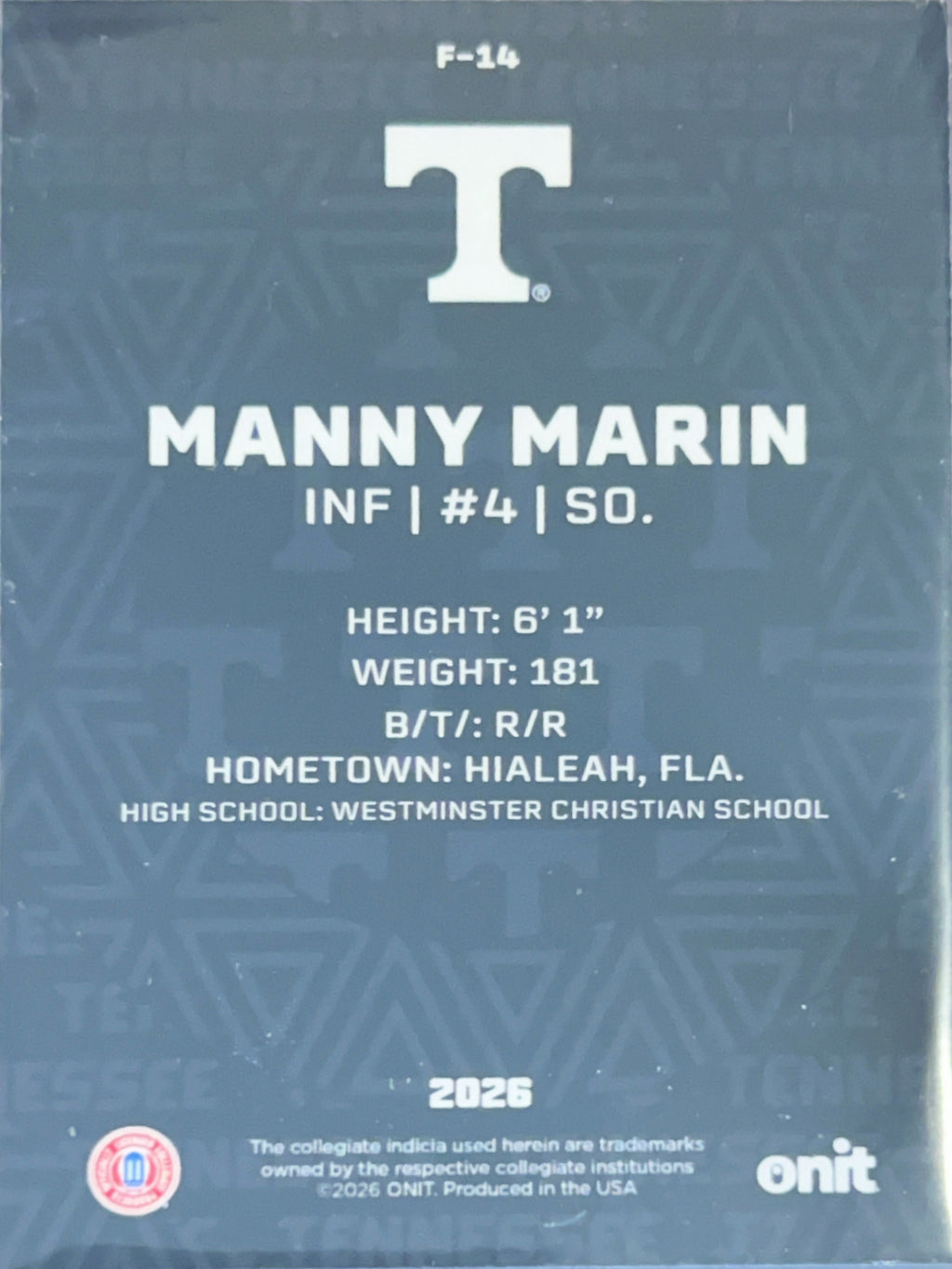 2026 ONIT Tennessee Baseball Manny Marin #F-14