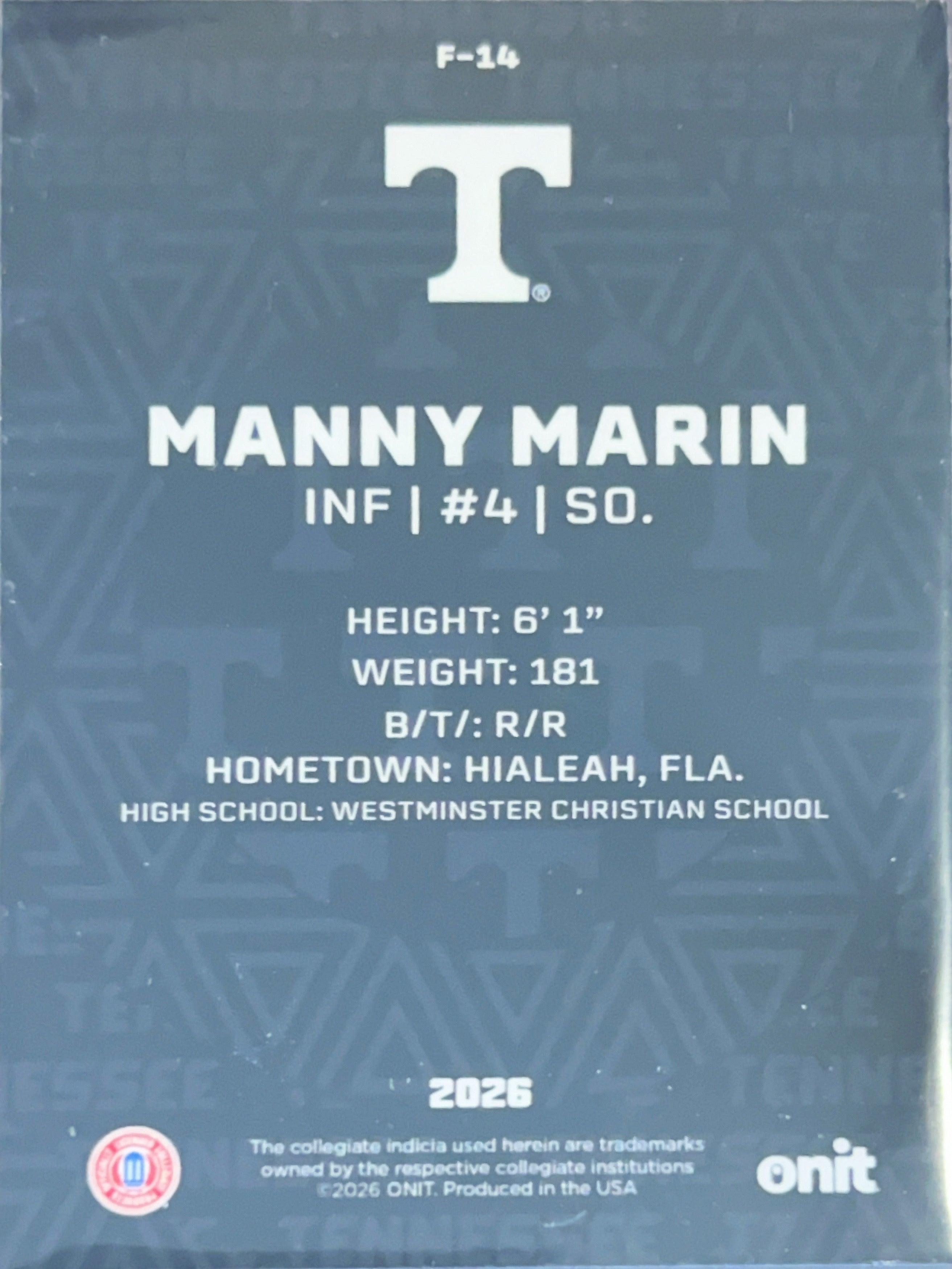 2026 ONIT Tennessee Baseball Manny Marin #F-14