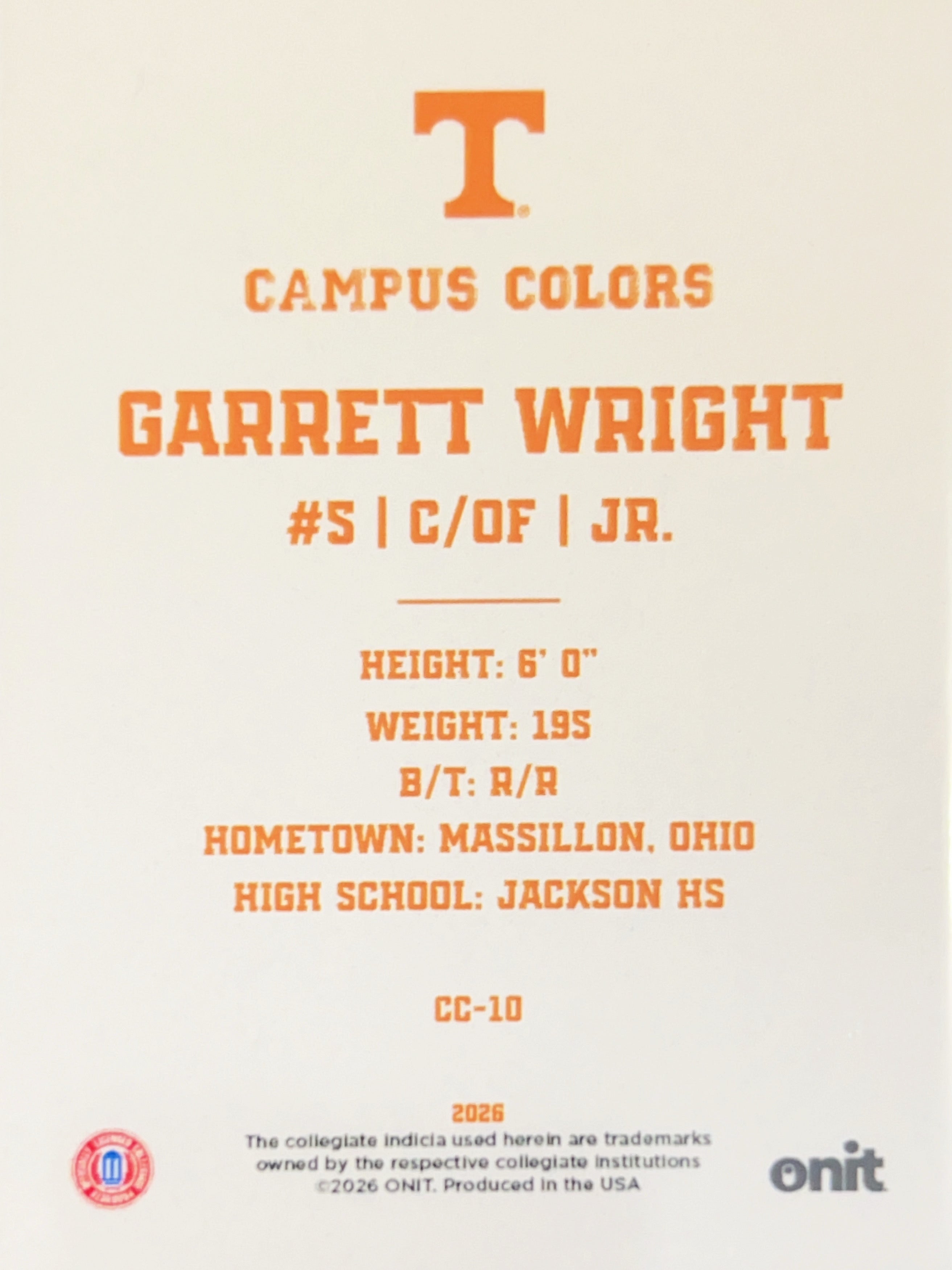 2026 ONIT Tennessee Baseball Campus Colors Garrett Wright #CC-10