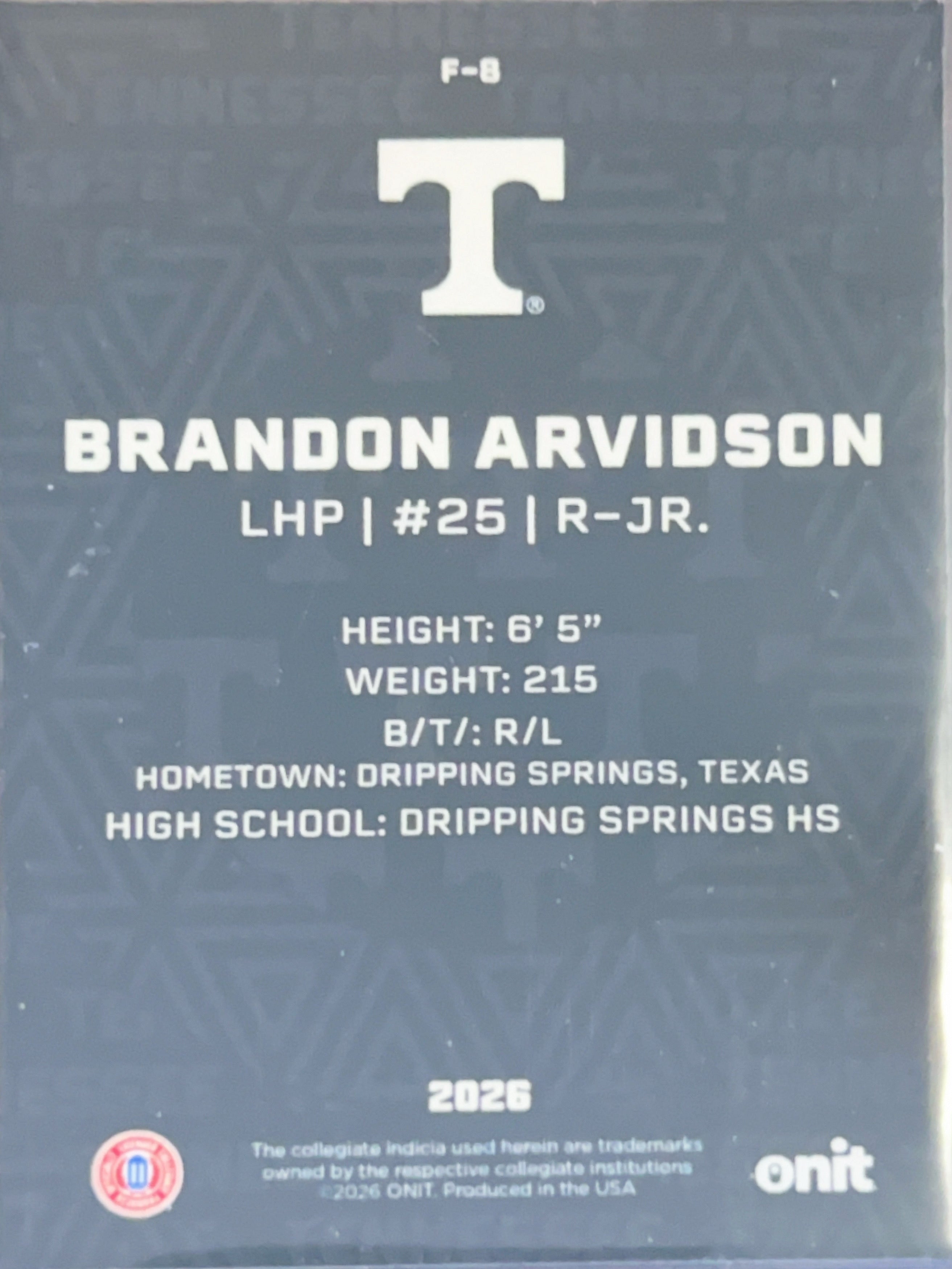 2026 ONIT Tennessee Baseball Brandon Arvidson #F-8