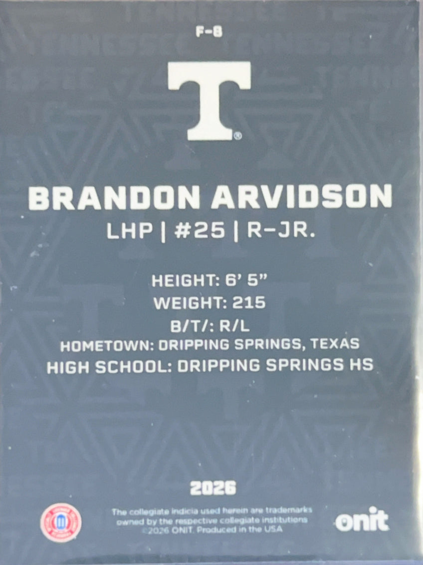 2026 ONIT Tennessee Baseball Brandon Arvidson #F-8