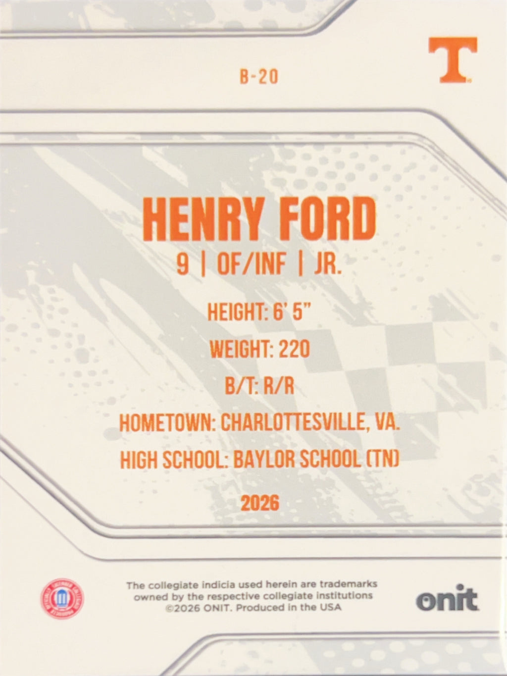 2026 ONIT Tennessee Baseball Henry Ford #B-20
