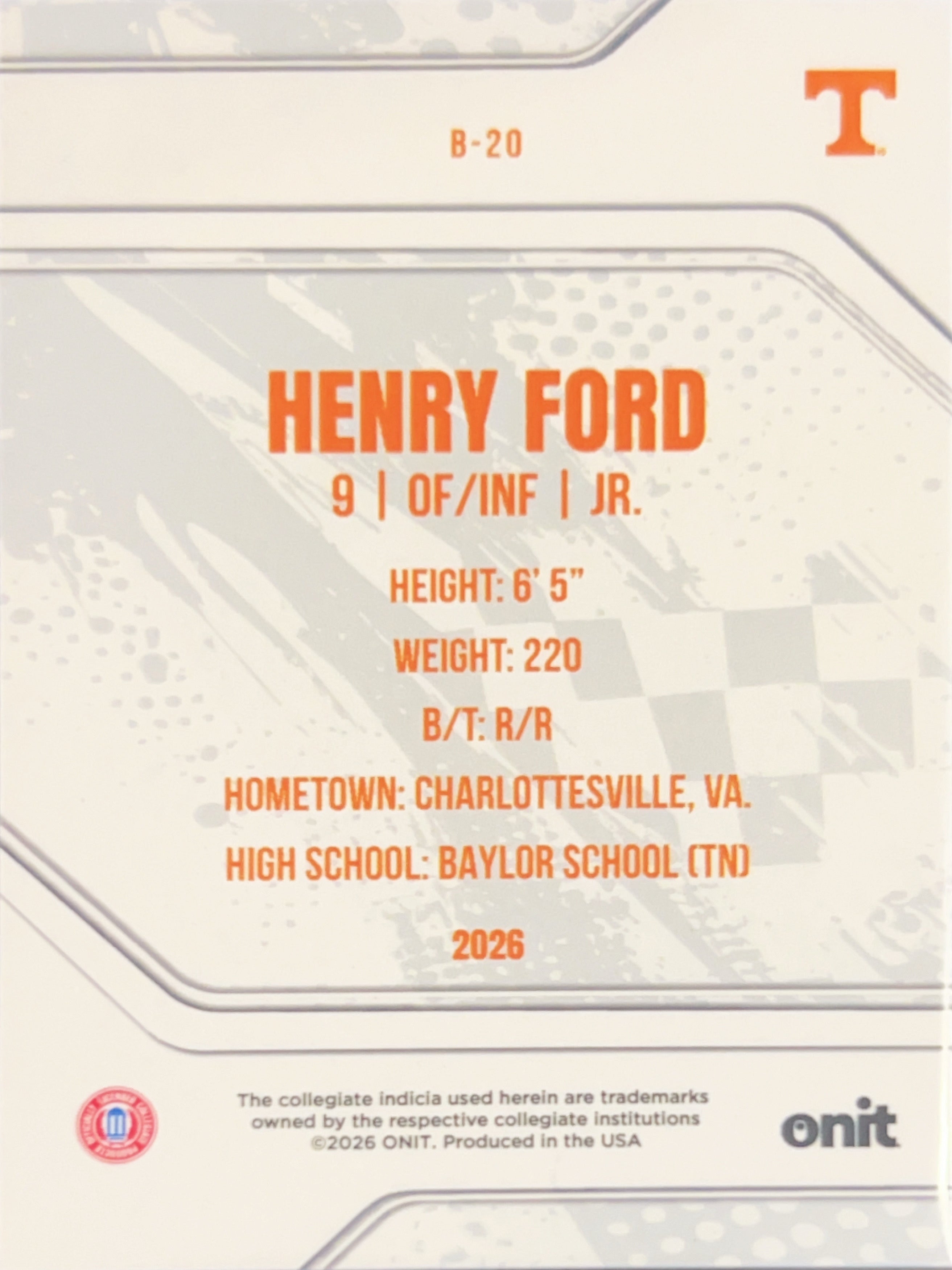 2026 ONIT Tennessee Baseball Henry Ford #B-20