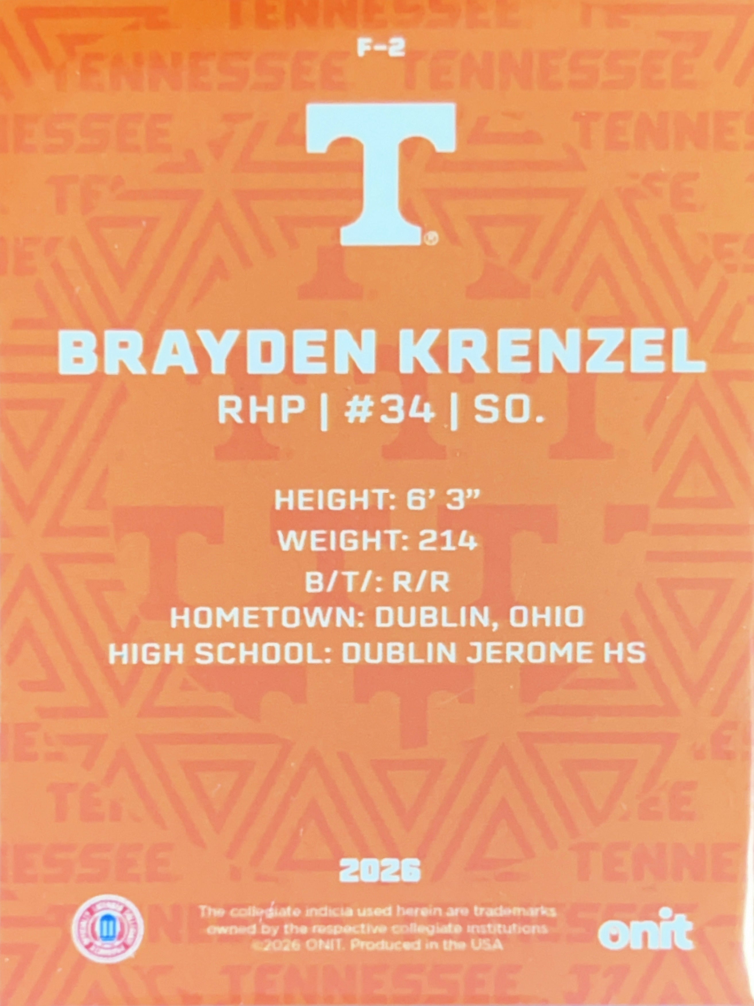 2026 ONIT Tennessee Baseball Brayden Krenzel #F-2