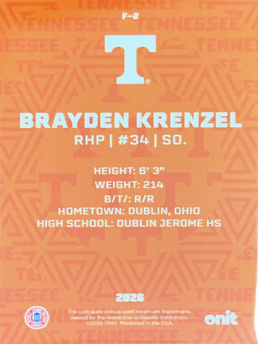 2026 ONIT Tennessee Baseball Brayden Krenzel #F-2