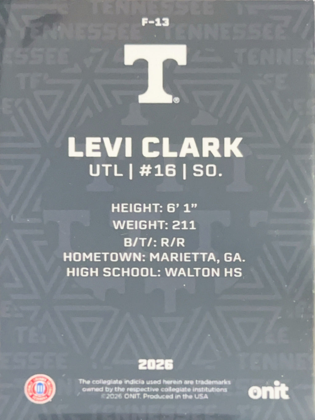 2026 ONIT Tennessee Baseball Levi Clark #F-13