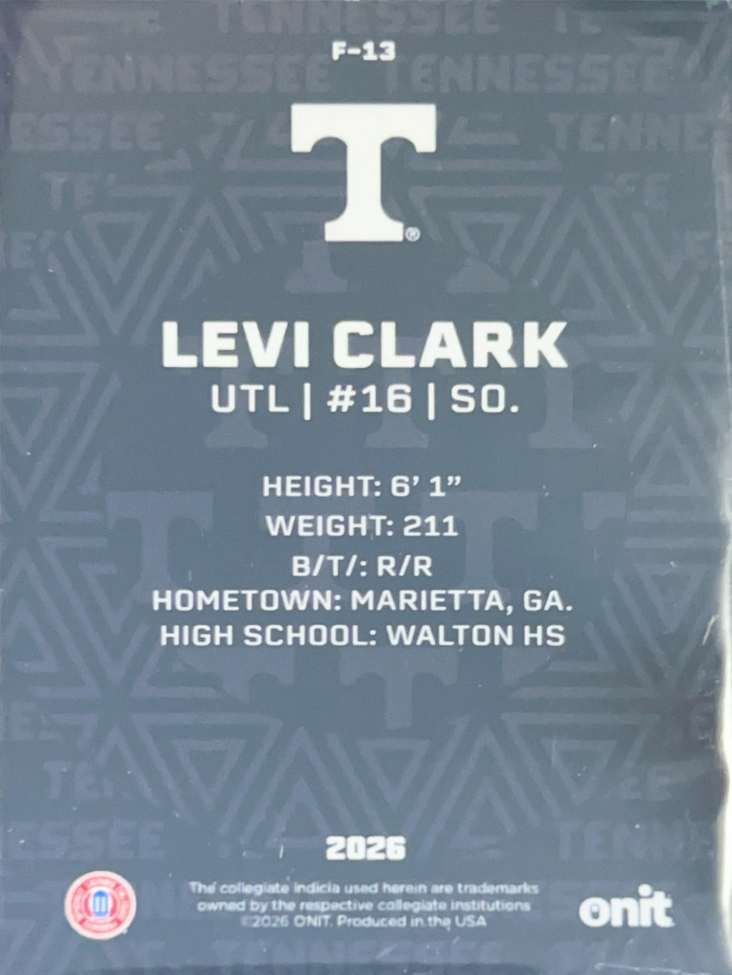 2026 ONIT Tennessee Baseball Levi Clark #F-13