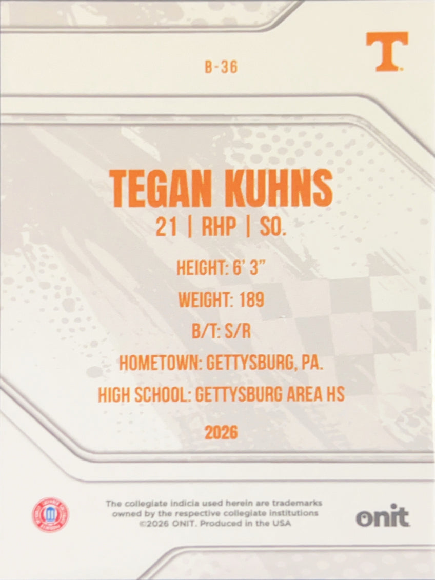2026 ONIT Tennessee Baseball Tegan Kuhns #B-36 Silver Shimmer /49