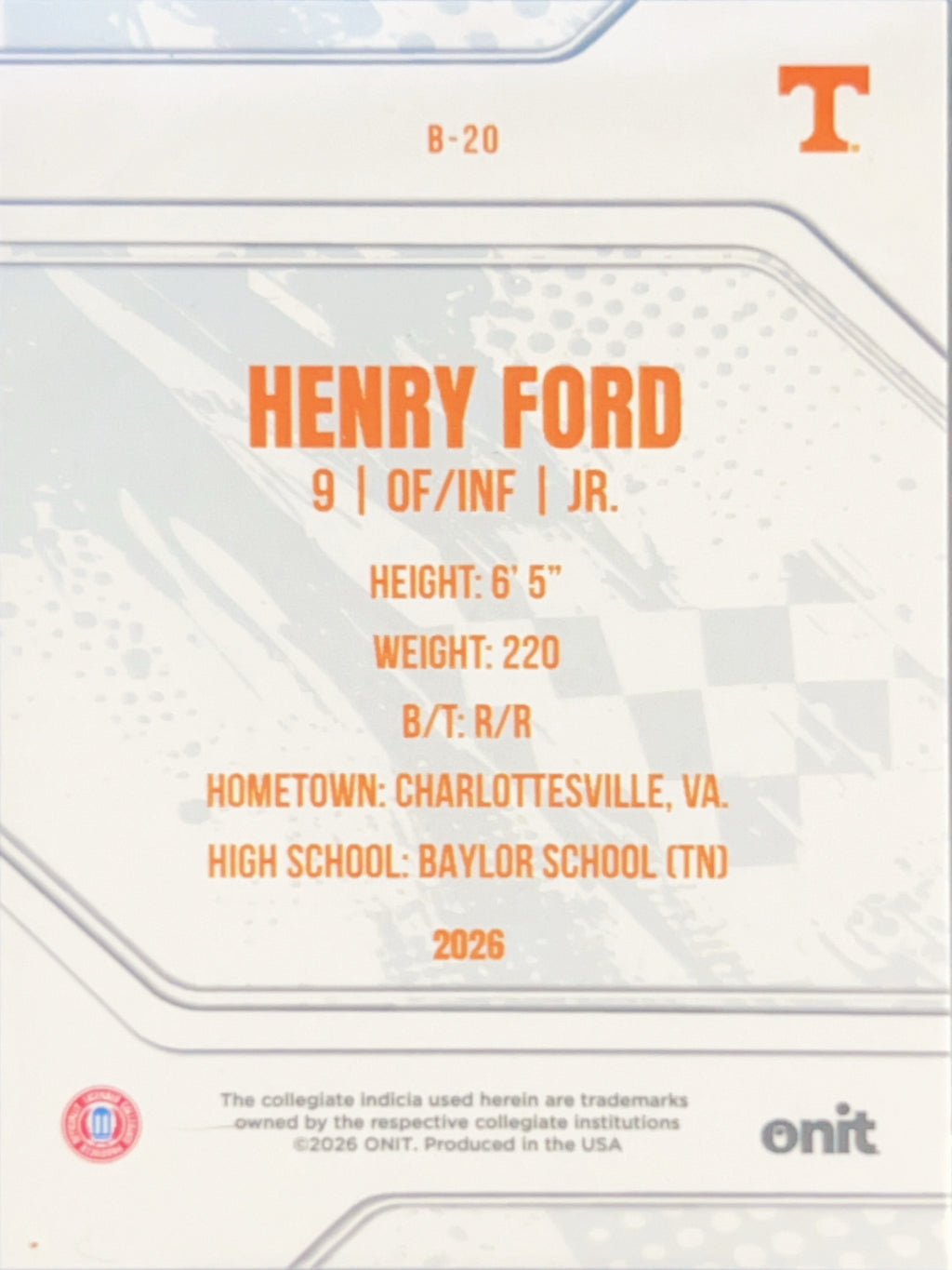2026 ONIT Tennessee Baseball Henry Ford #B-20