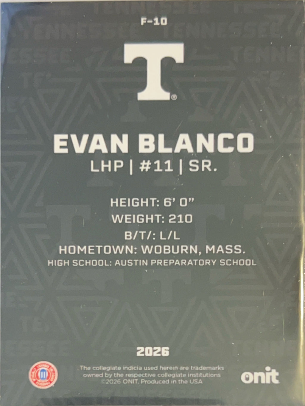 2026 ONIT Tennessee Baseball Evan Blanco #F-10