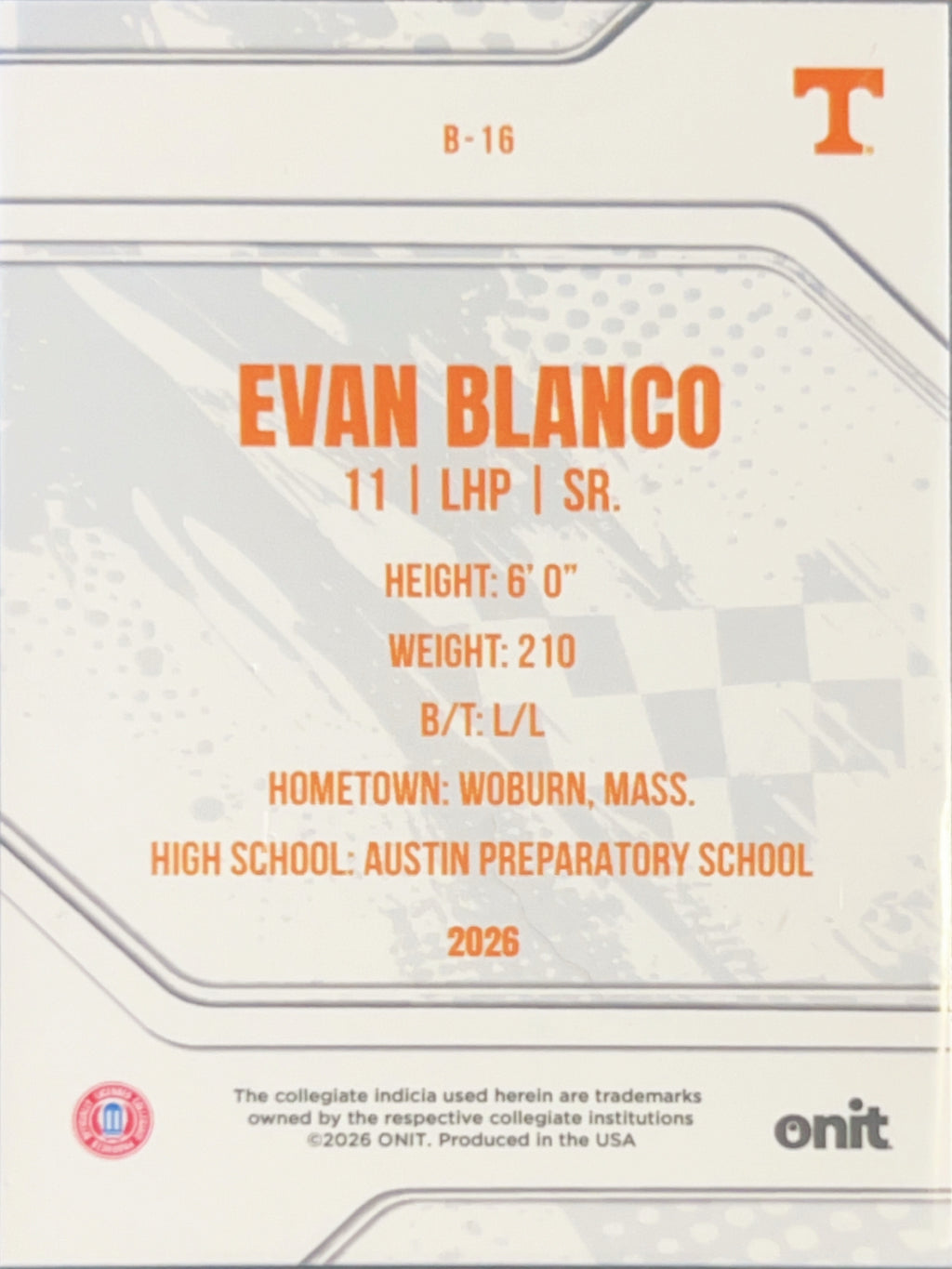 2026 ONIT Tennessee Baseball Evan Blanco #B-16