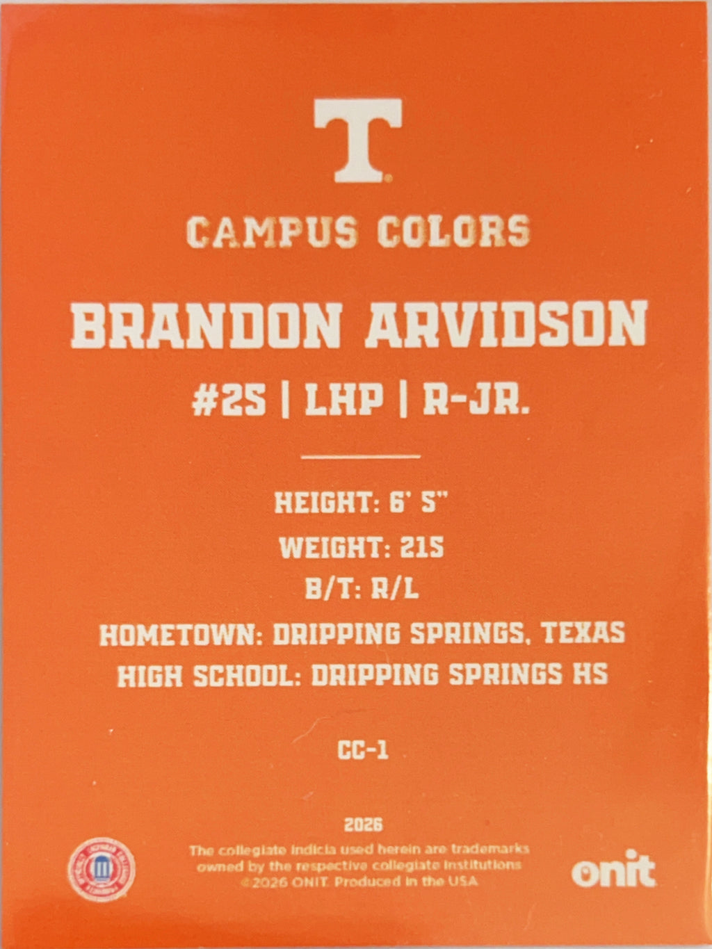 2026 ONIT Campus Colors Brandon Arvidson #CC-1 Orange Glitter Sparkle
