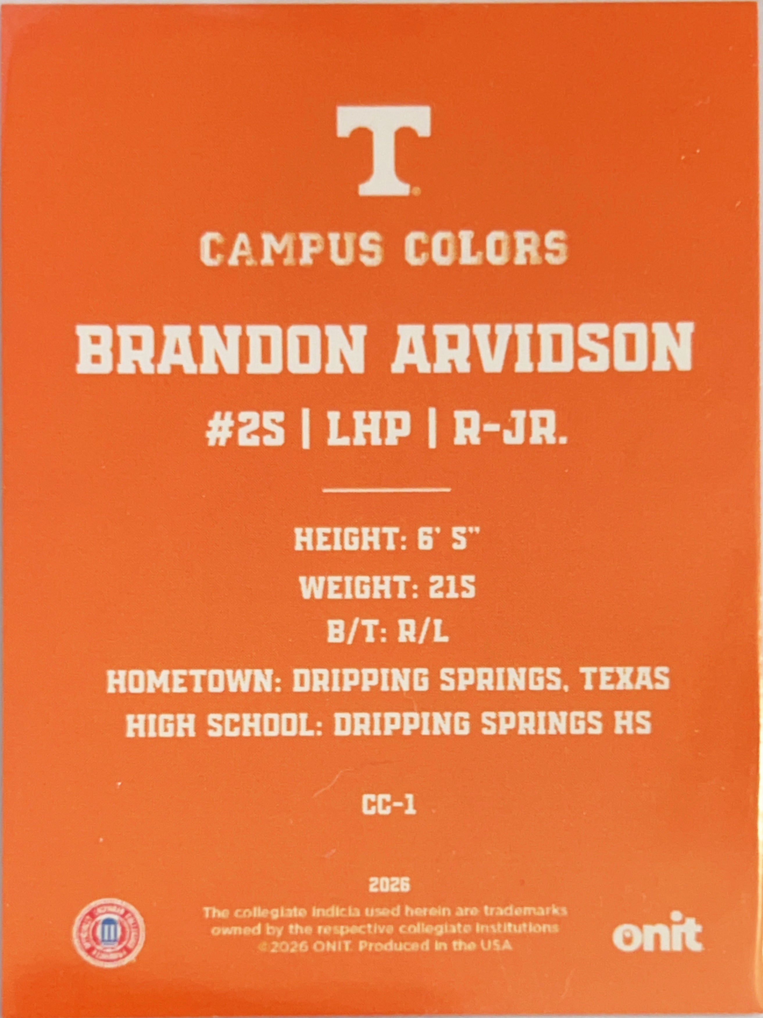 2026 ONIT Campus Colors Brandon Arvidson #CC-1 Orange Glitter Sparkle
