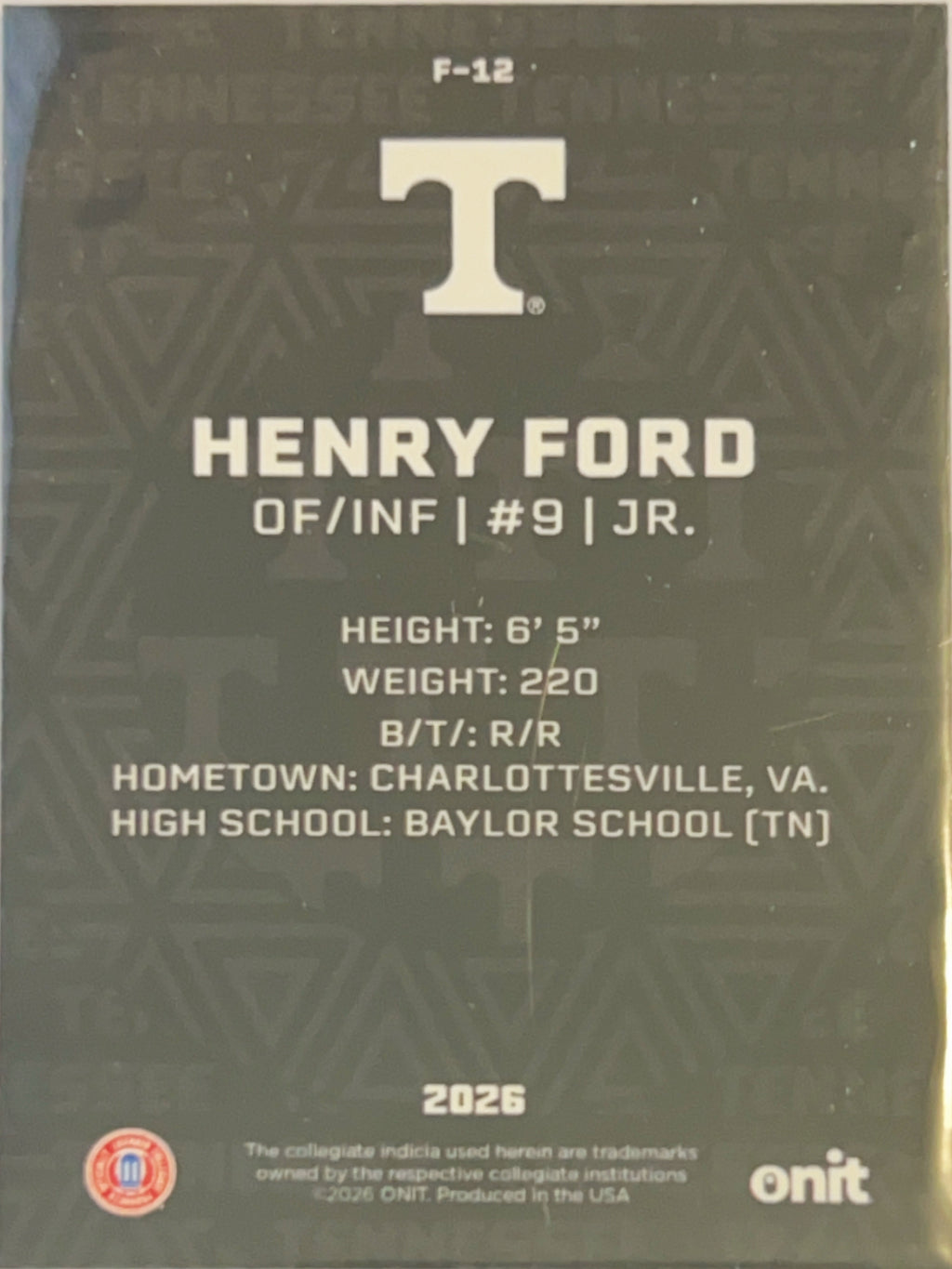 2026 ONIT Tennessee Baseball Henry Ford #F-12