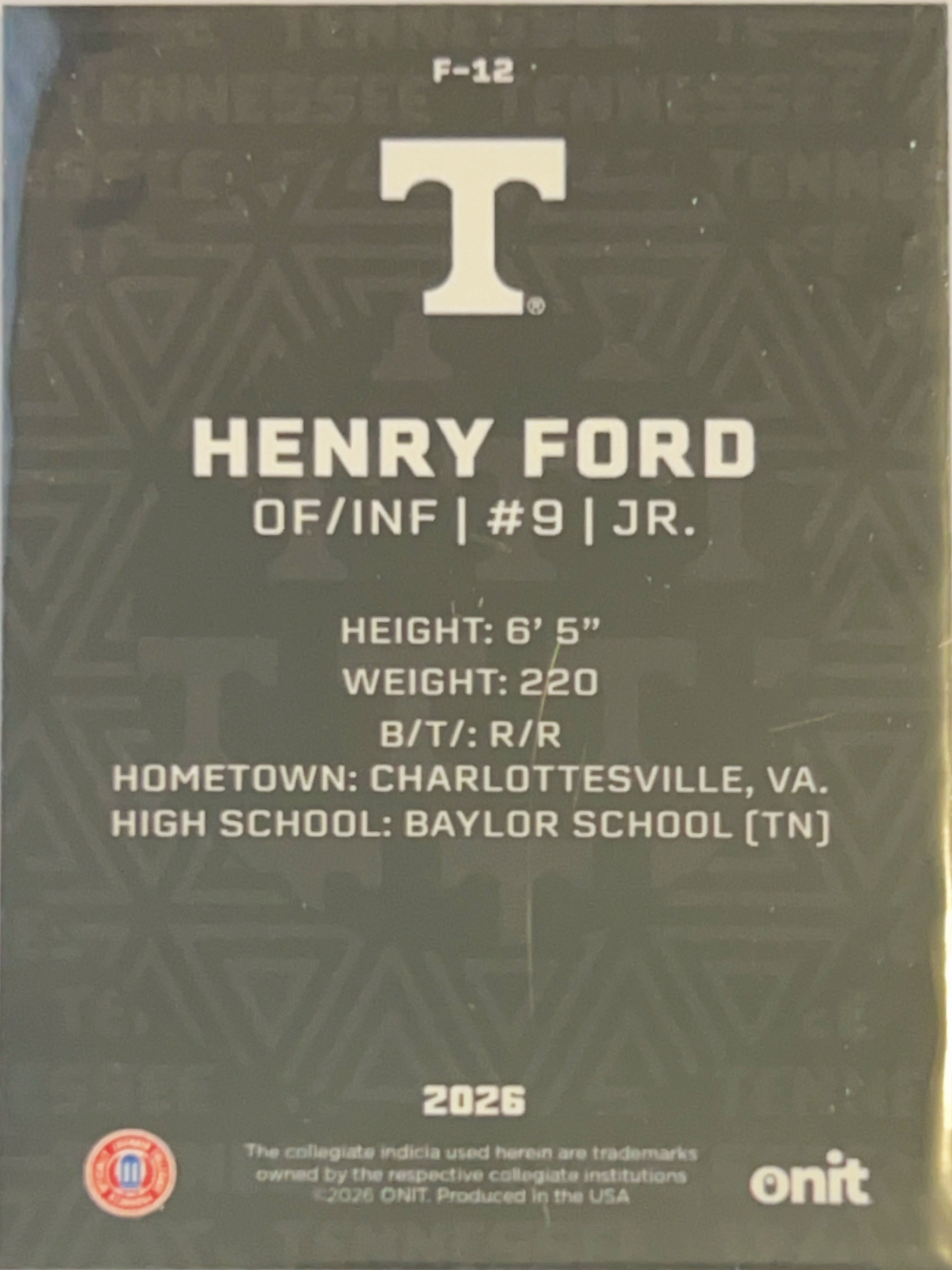 2026 ONIT Tennessee Baseball Henry Ford #F-12