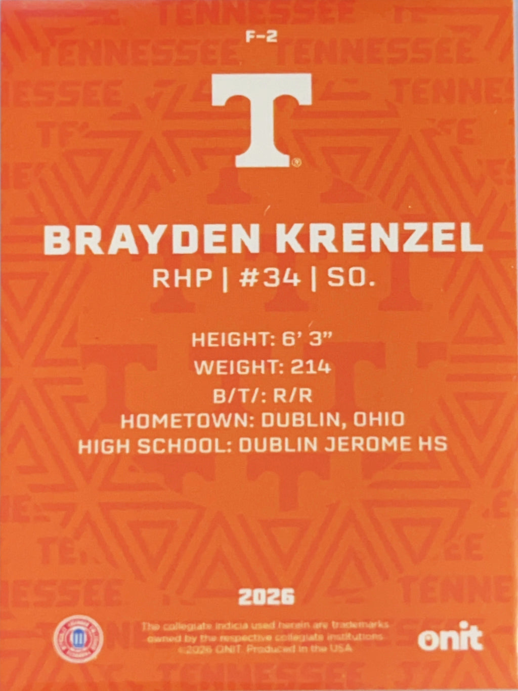 2026 ONIT Tennessee Baseball Brayden Krenzel #F-2