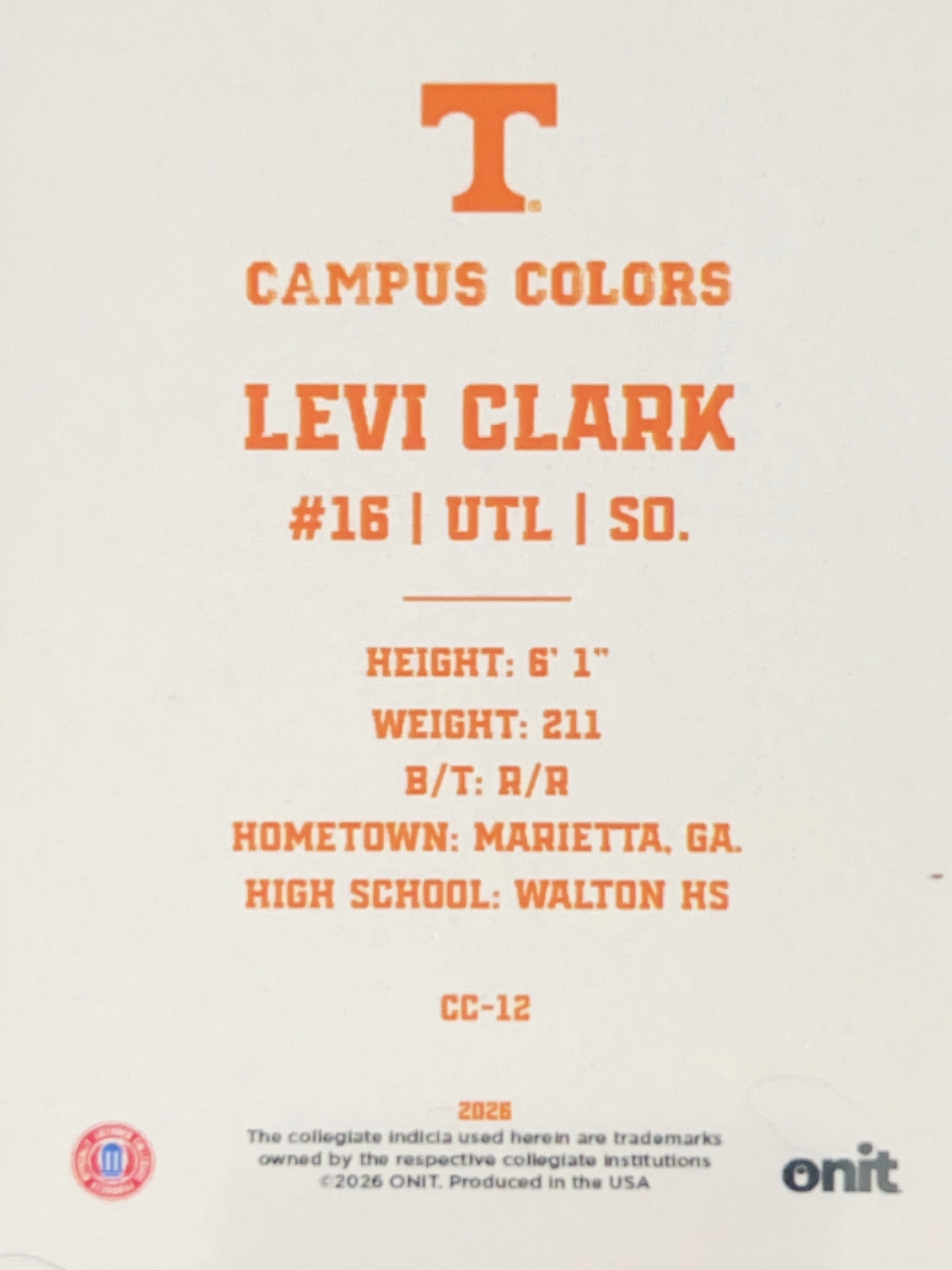 2026 ONIT Gameday Campus Colors Levi Clark #CC-12