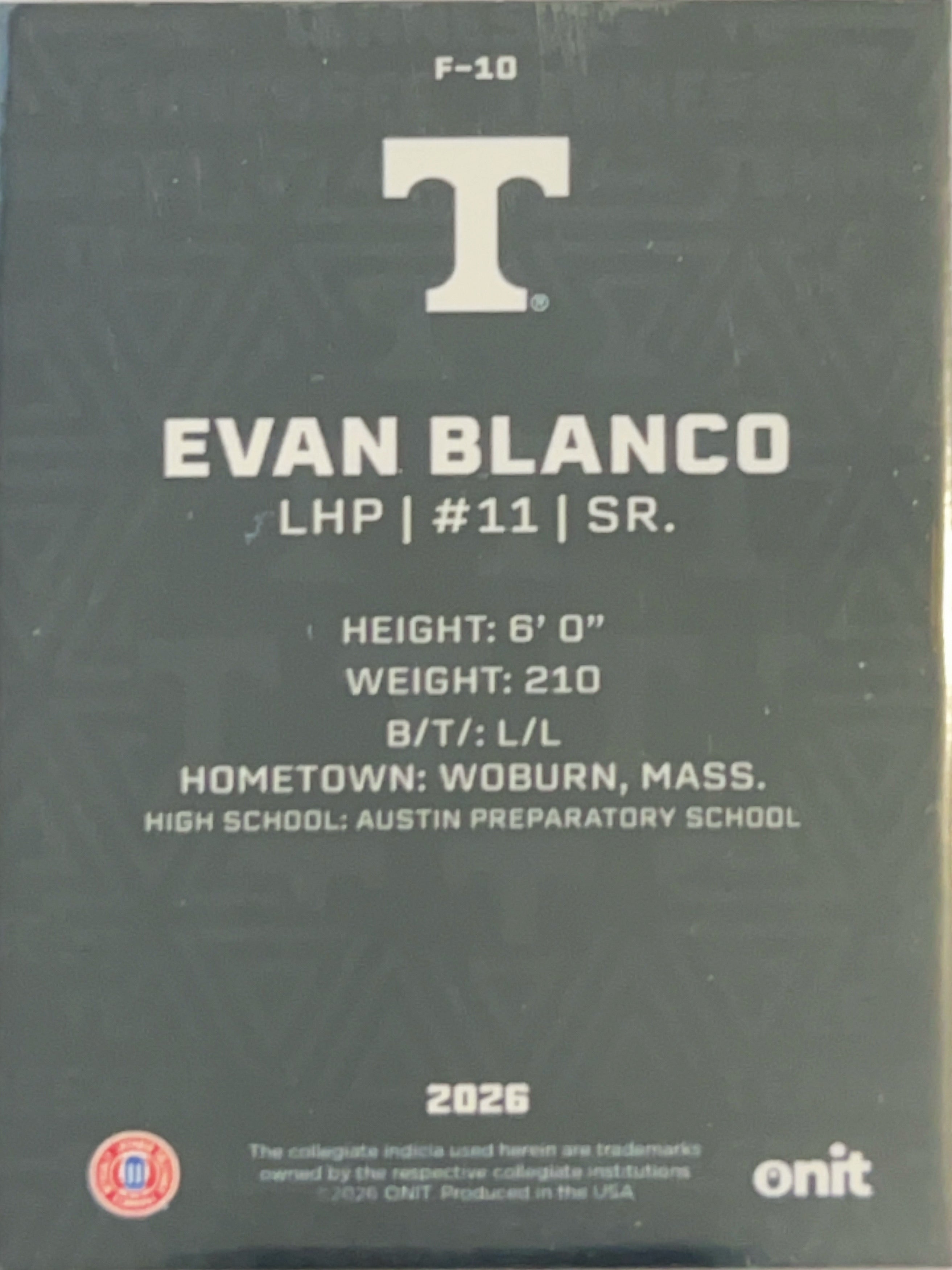 2026 ONIT Tennessee Baseball Evan Blanco #F-10