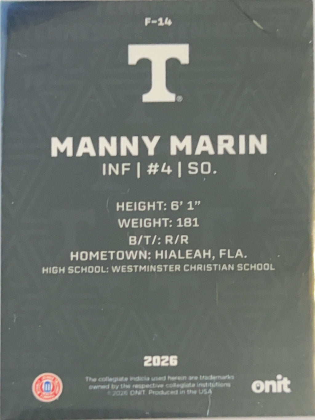 2026 ONIT Tennessee Baseball Manny Marin #F-14
