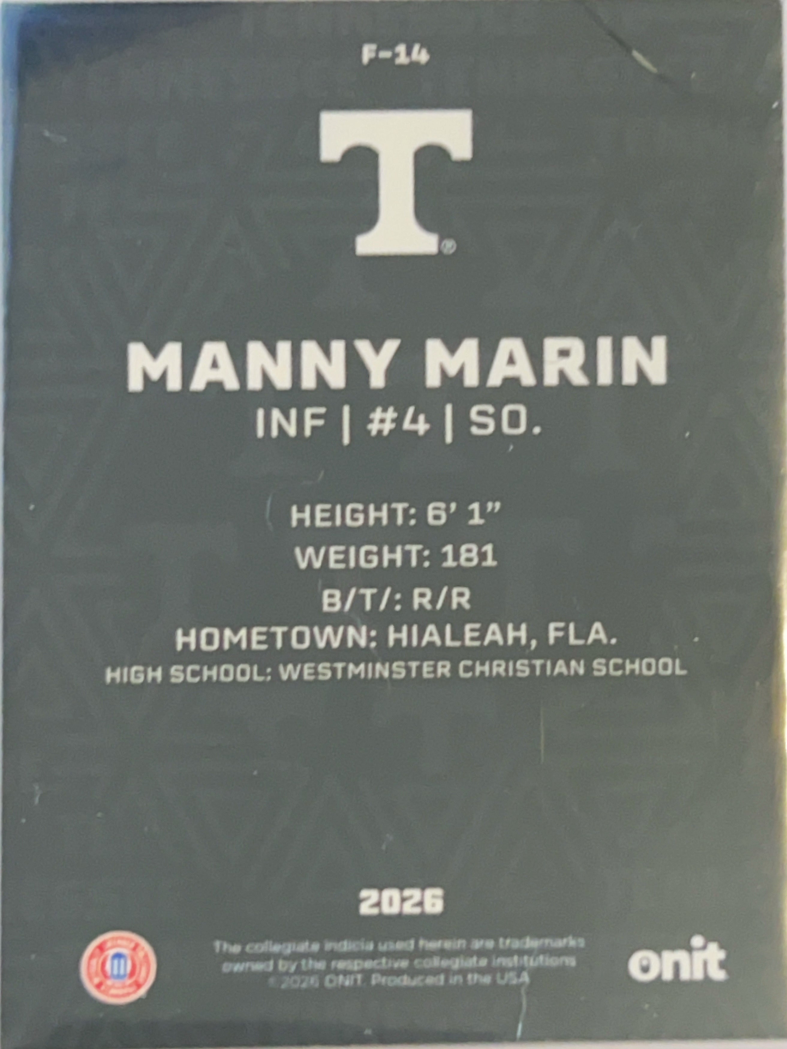 2026 ONIT Tennessee Baseball Manny Marin #F-14