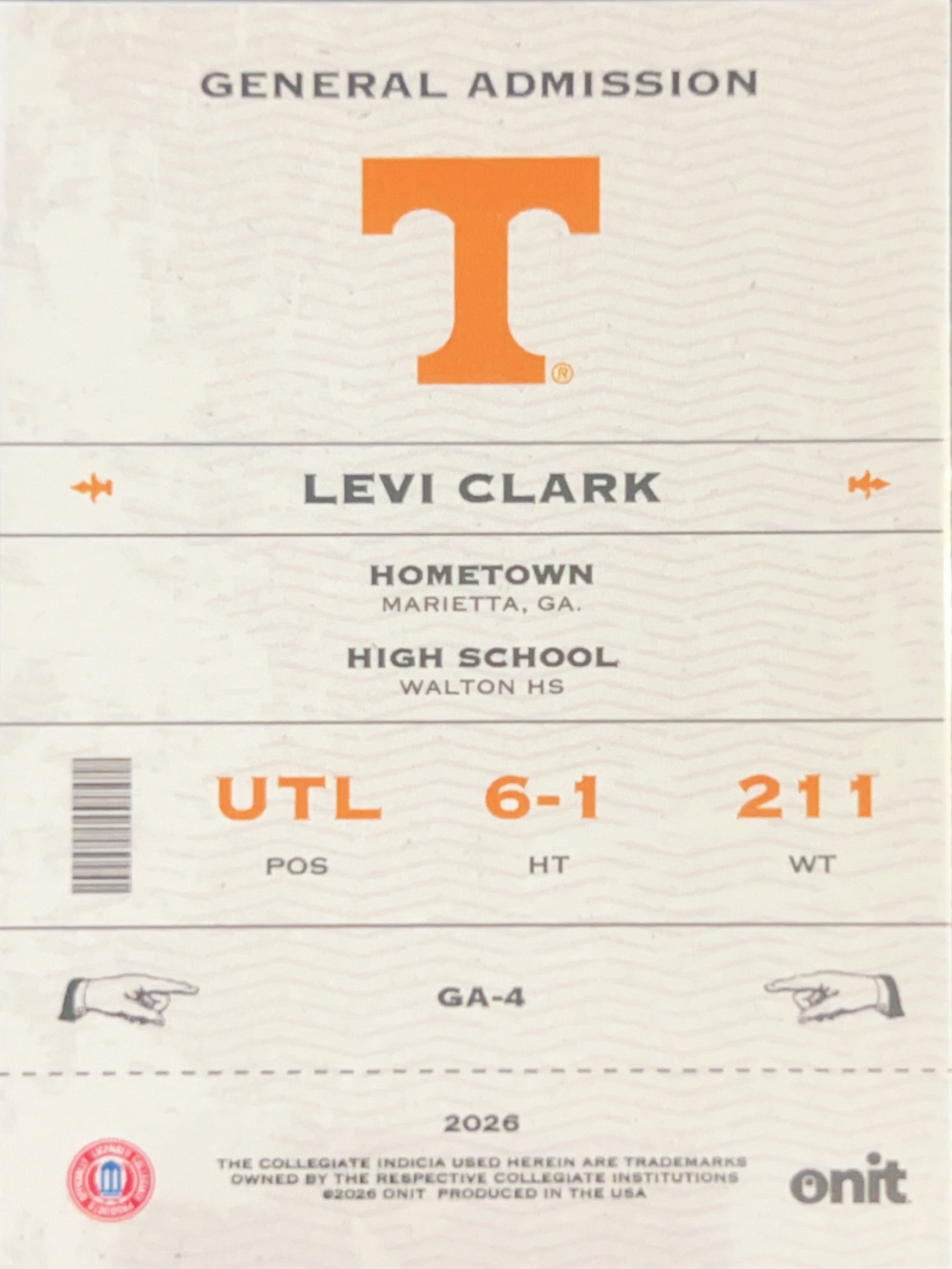 2026 ONIT Tennessee Baseball Levi Clark #GA-4 Holo