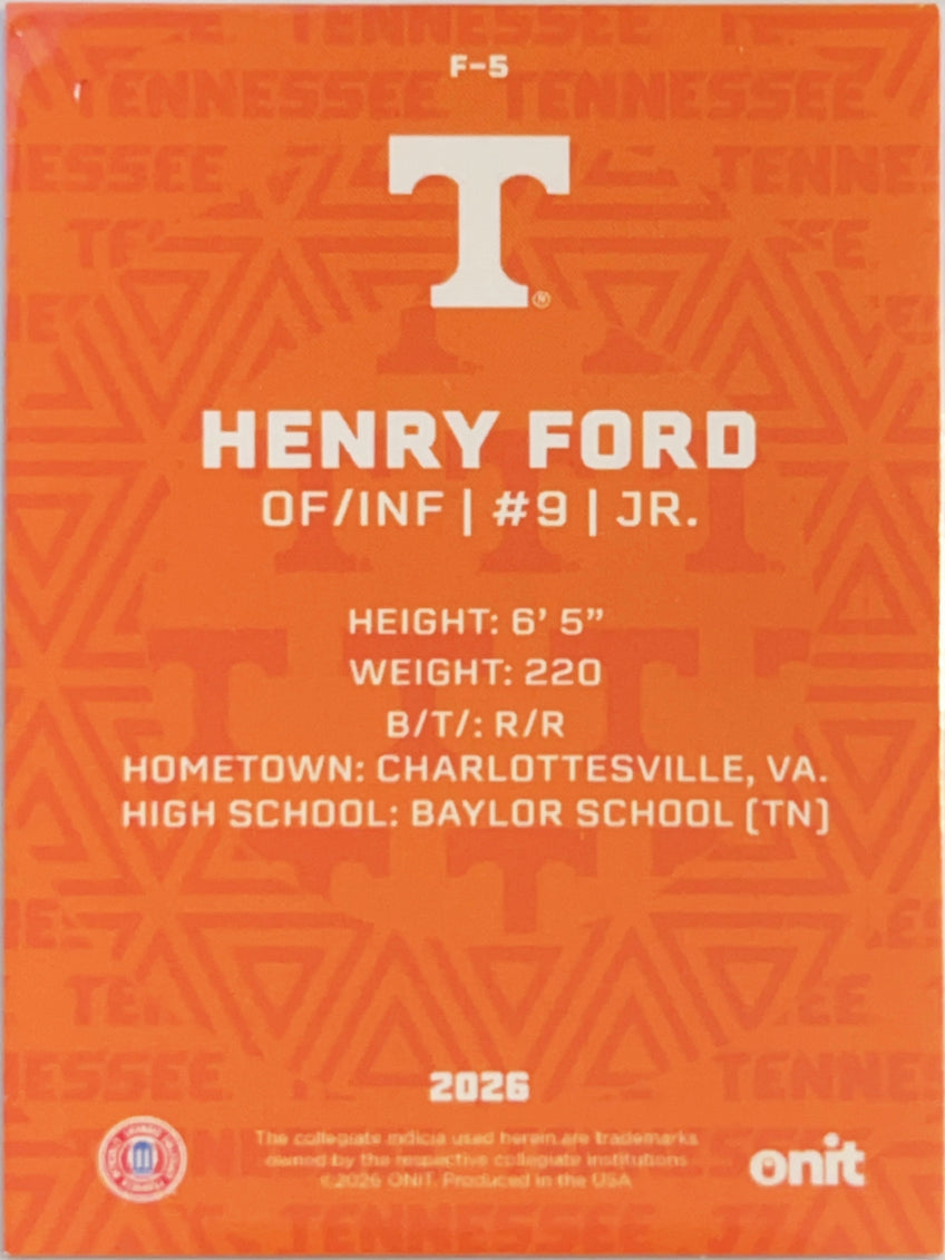 2026 ONIT Tennessee Baseball Henry Ford #F-5 Orange Glitter Sparkle