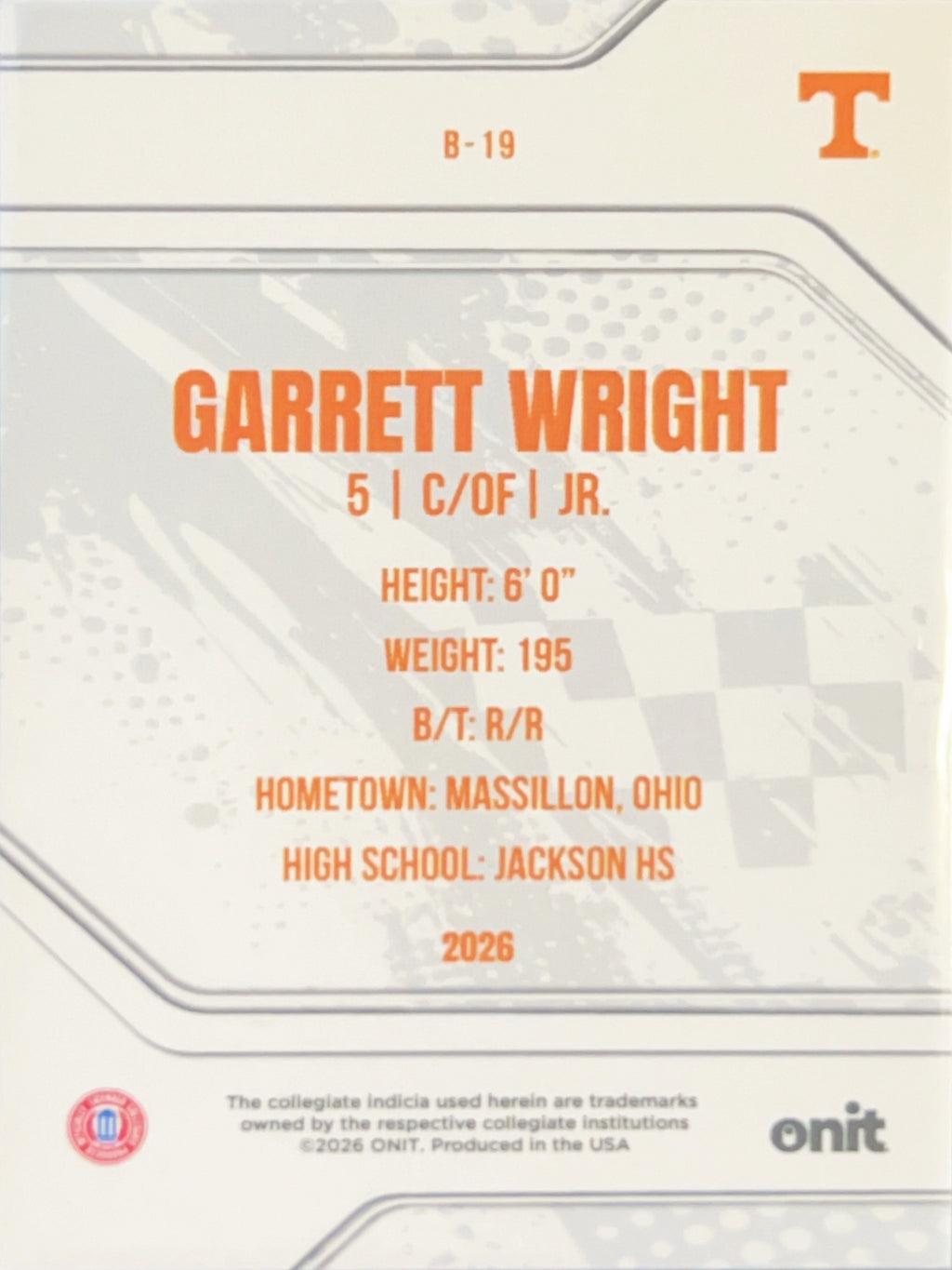 2026 ONIT Tennessee Vols Baseball Garrett Wright #B-19