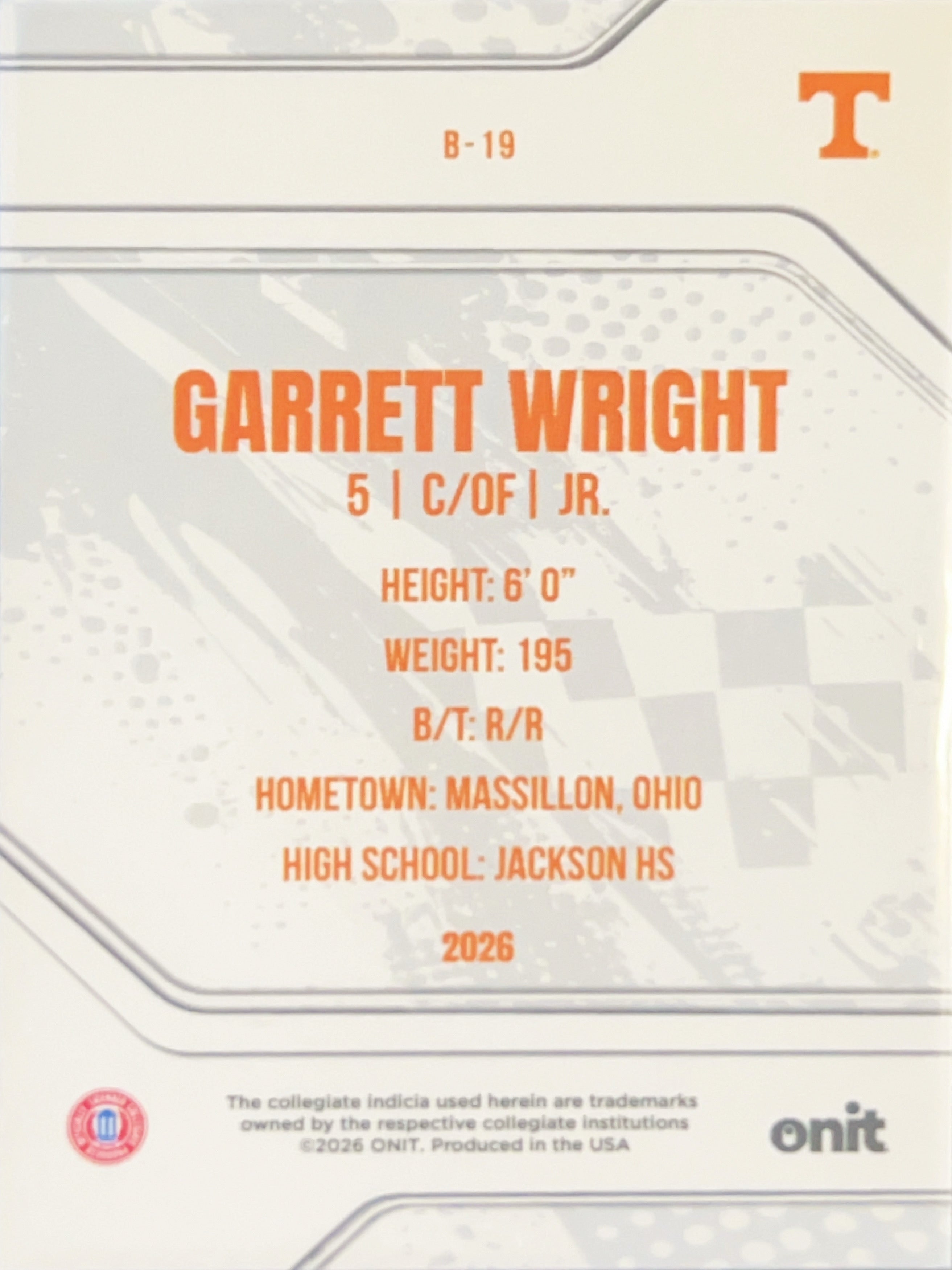 2026 ONIT Tennessee Vols Baseball Garrett Wright #B-19