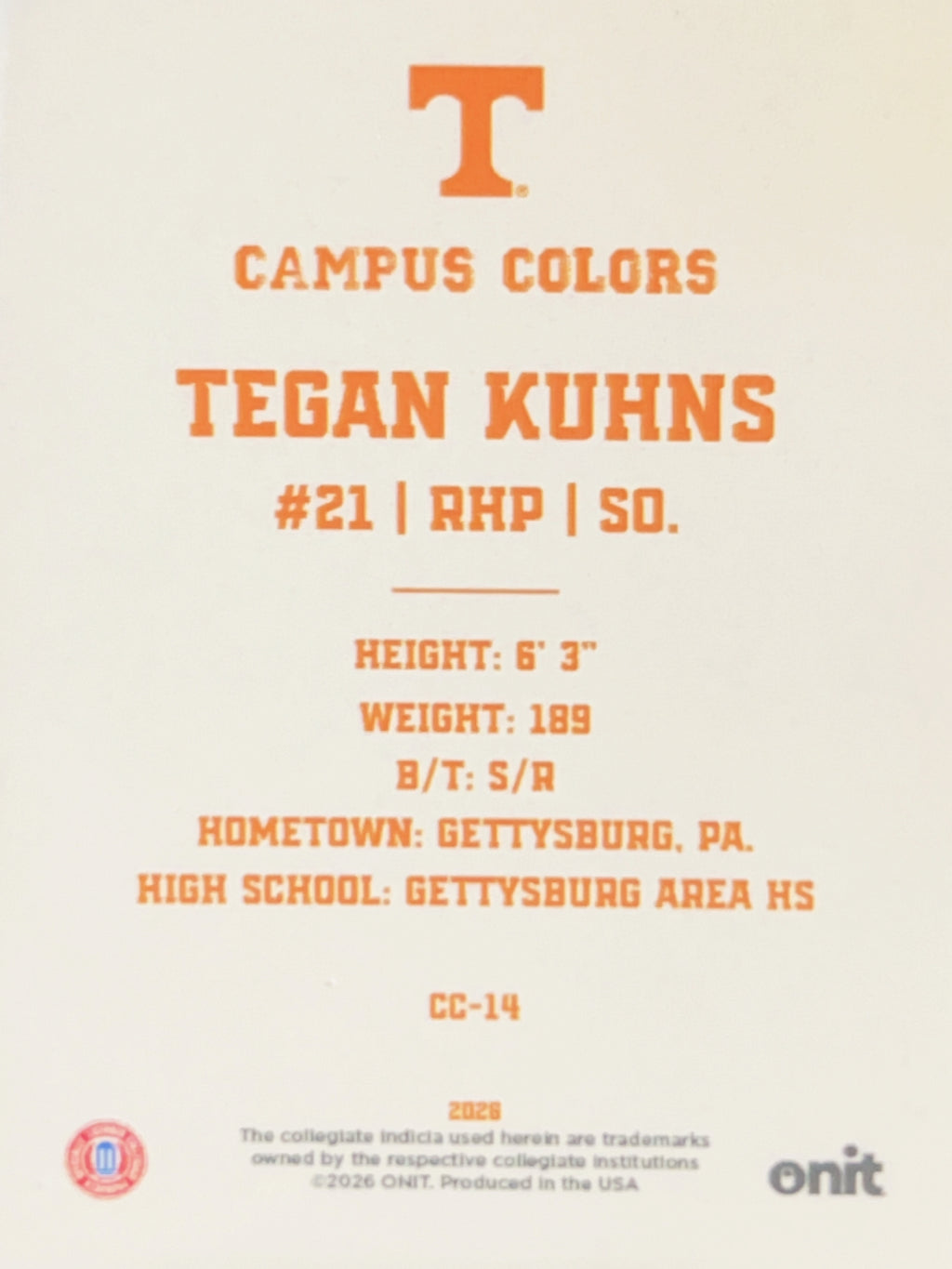 2026 ONIT Gameday Campus Colors Tegan Kuhns #CC-14