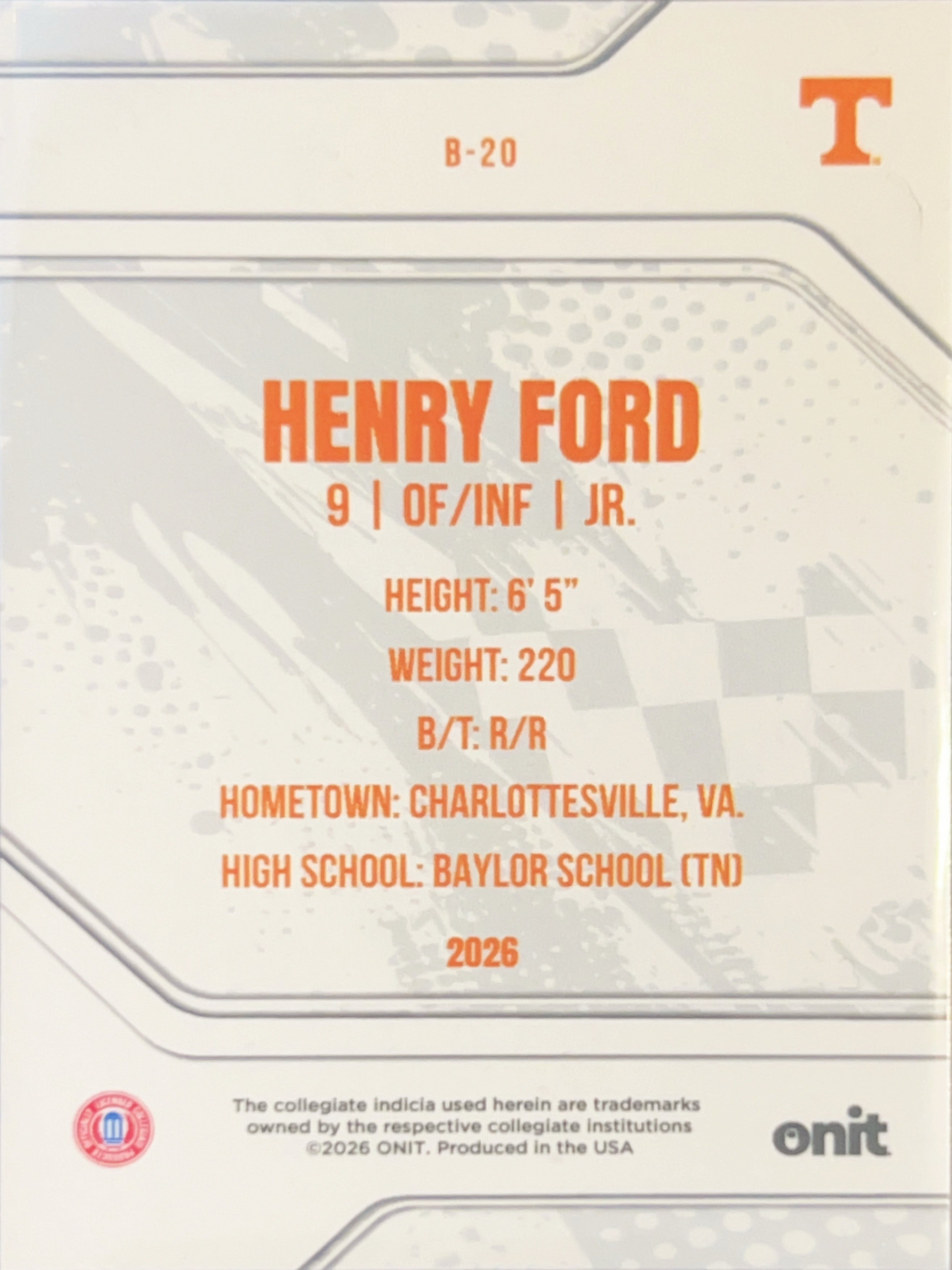 2026 ONIT Tennessee Baseball Henry Ford #B-20