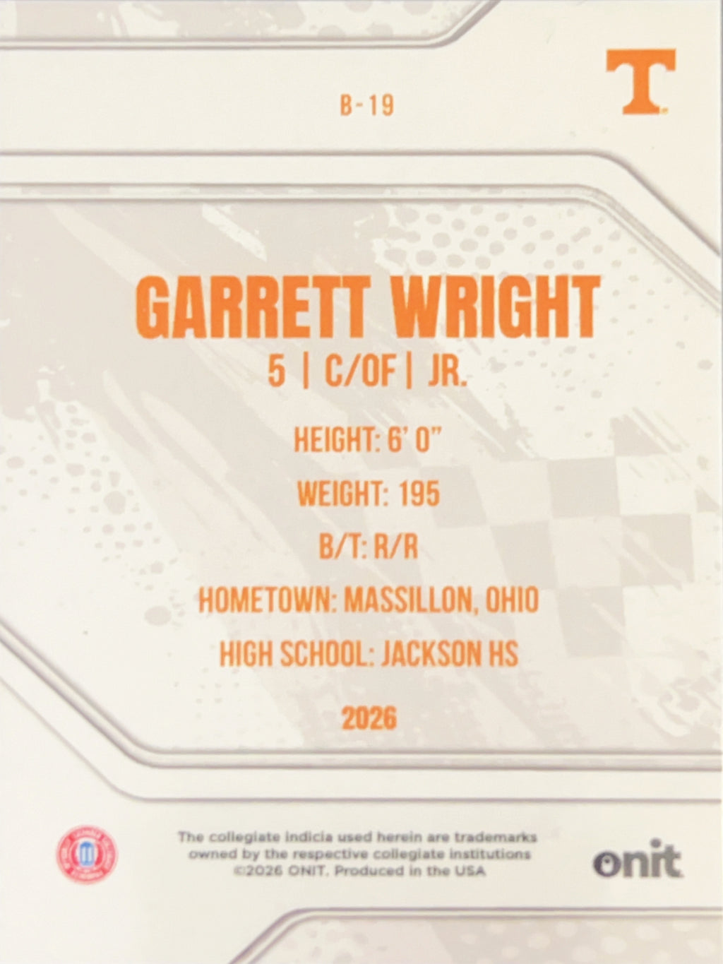 2026 ONIT Tennessee Baseball Garrett Wright #B-19 Orange Sparkle /49