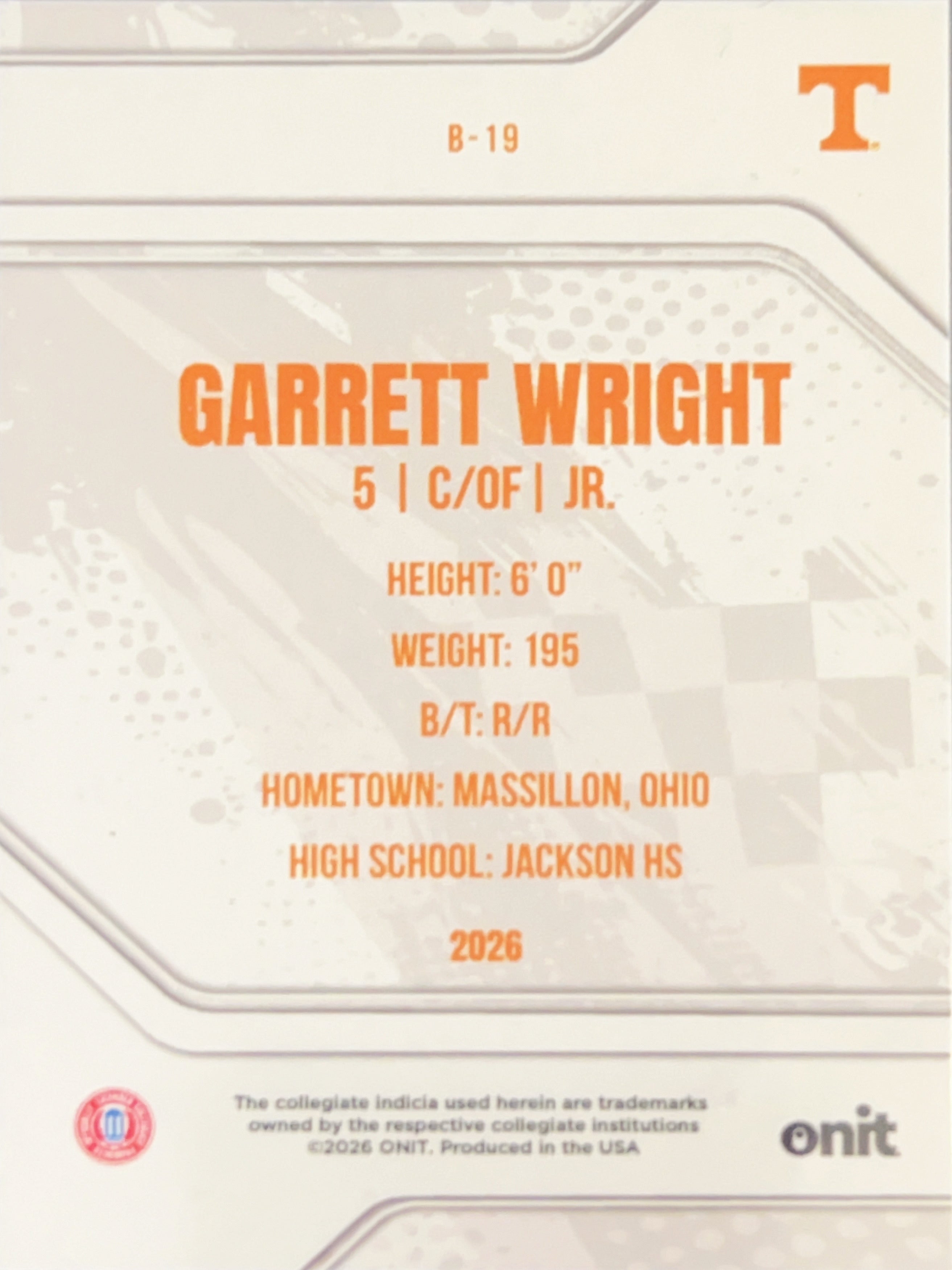 2026 ONIT Tennessee Baseball Garrett Wright #B-19 Orange Sparkle /49