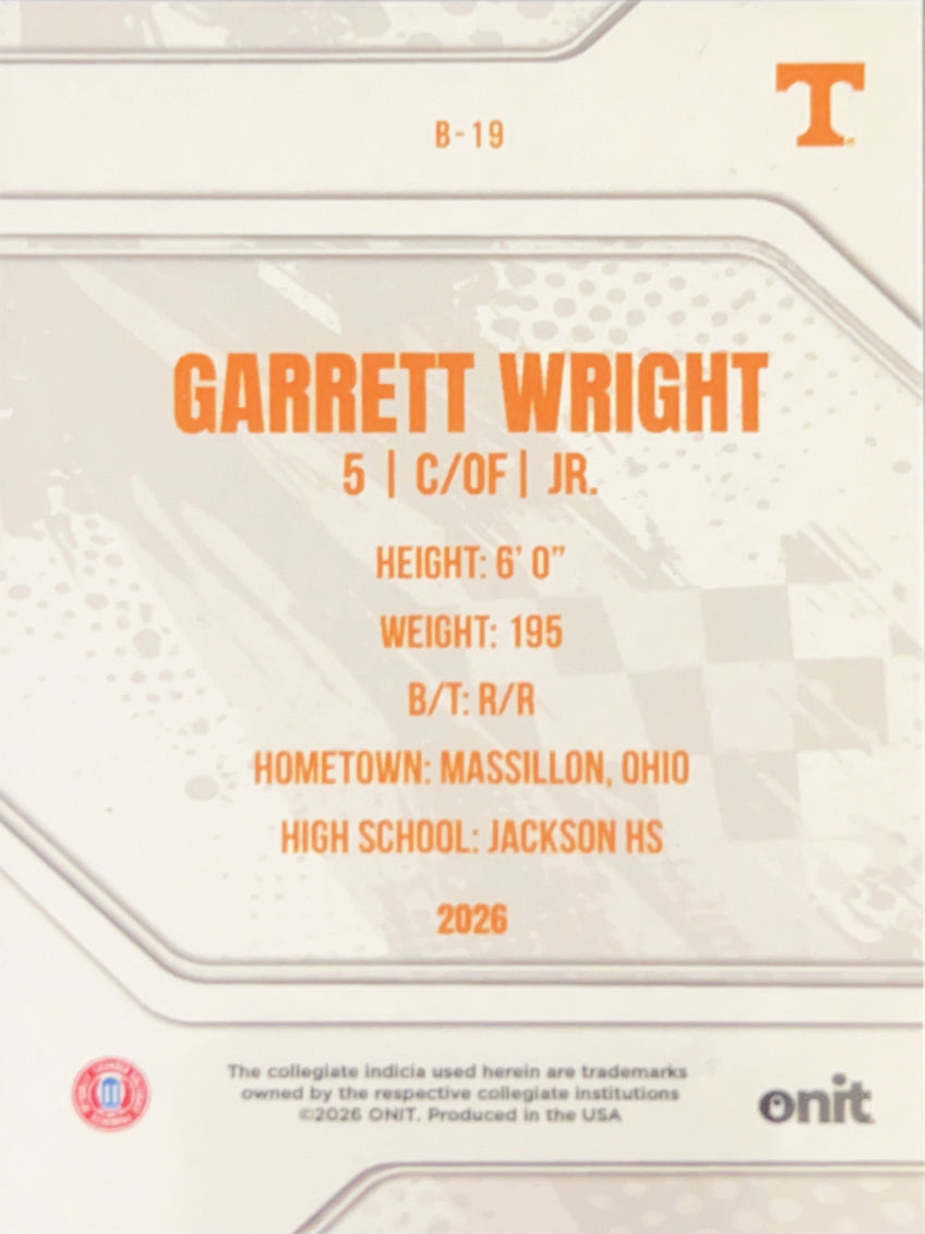 2026 ONIT Tennessee Baseball Garrett Wright #B-19 Orange Sparkle /49