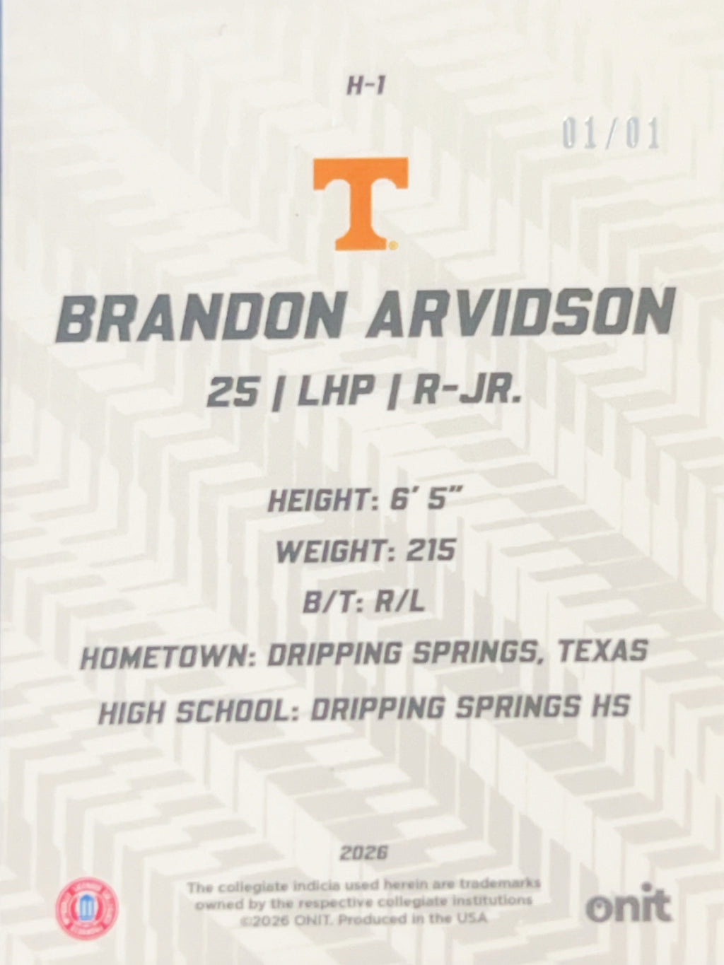 2026 ONIT Tennessee Baseball Hype Brandon Arvidson #H-1 Orange Prism 1/1