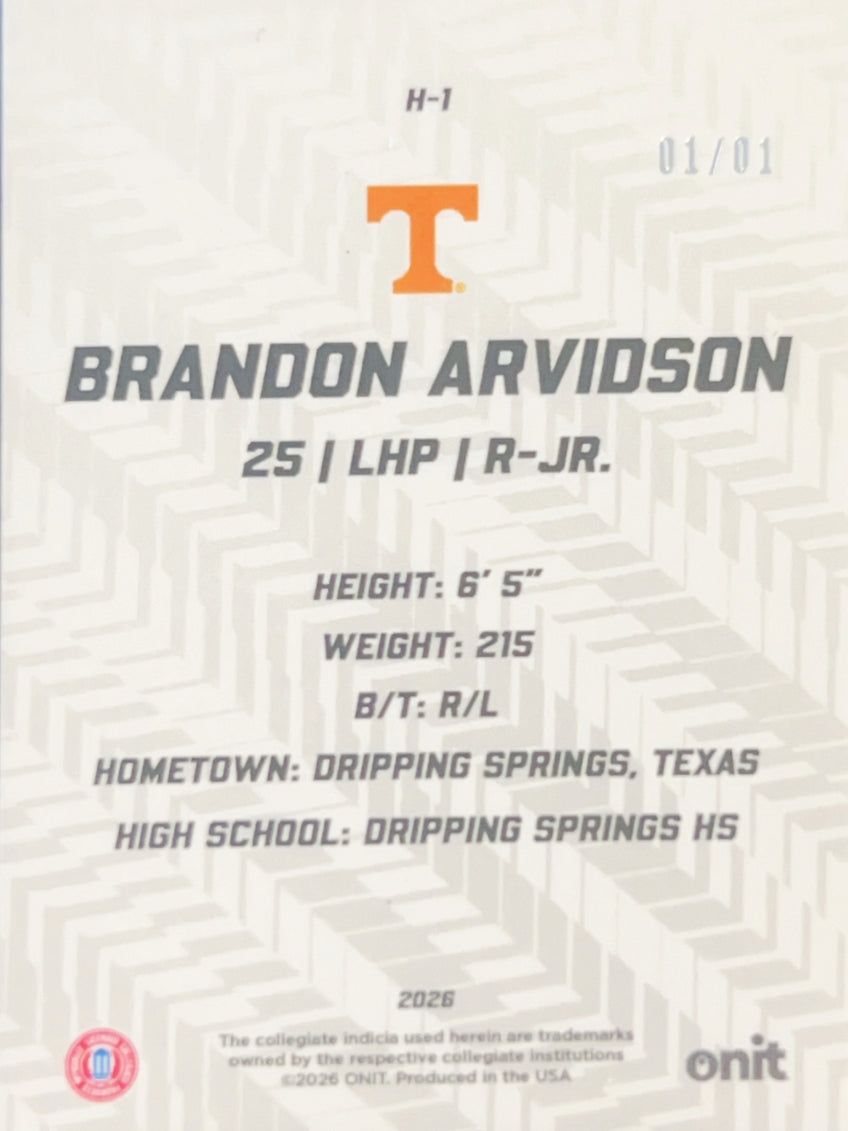 2026 ONIT Tennessee Baseball Hype Brandon Arvidson #H-1 Orange Prism 1/1