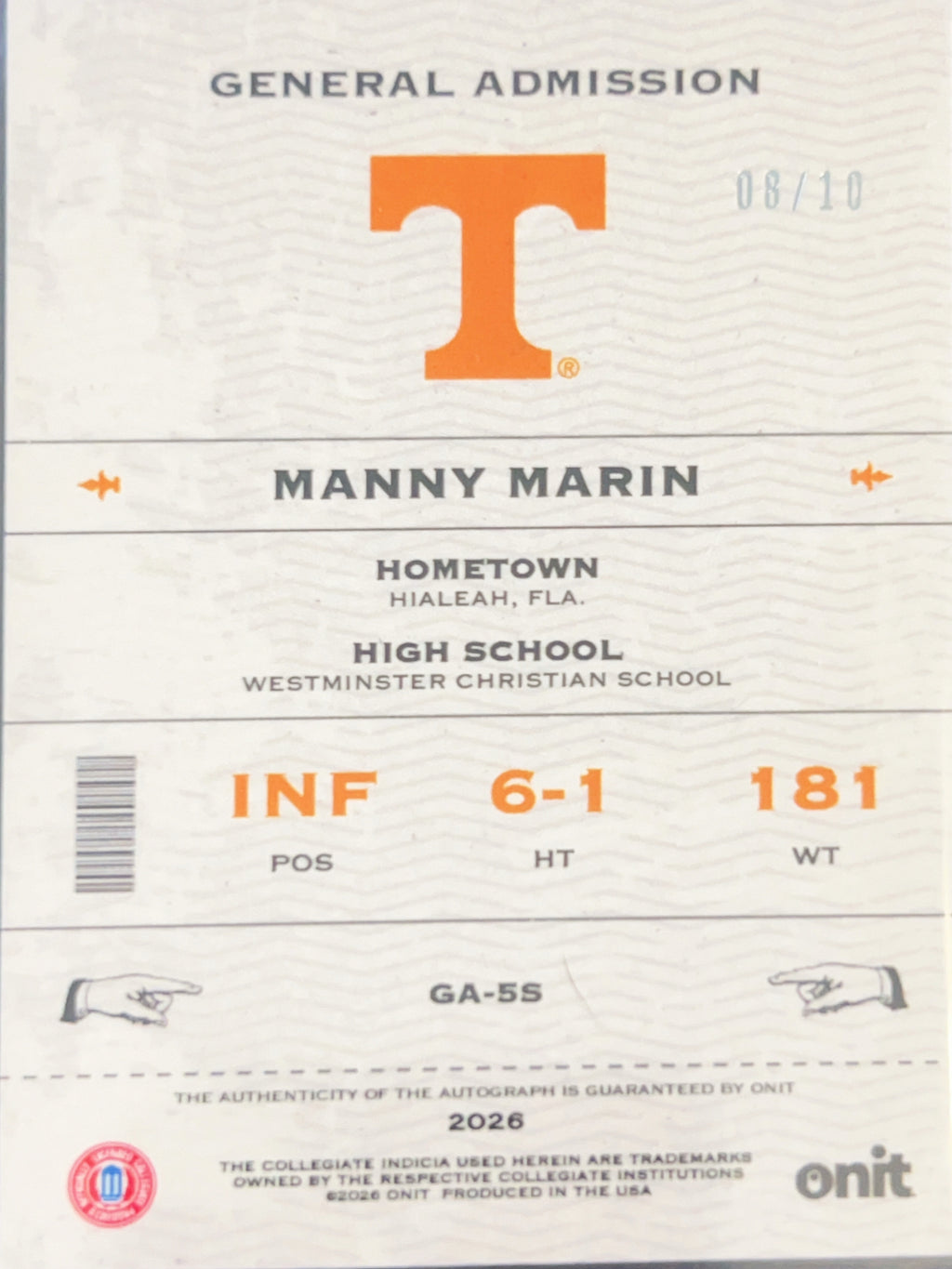 2026 ONIT Signature Series Manny Marin #GA-5S Orange Sparkle /10