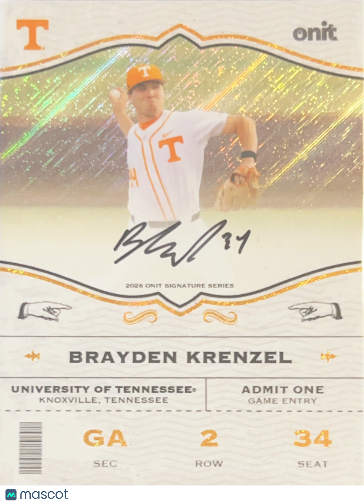 2026 ONIT Signature Series Brayden Krenzel #GA-2S Gold Sparkle /10