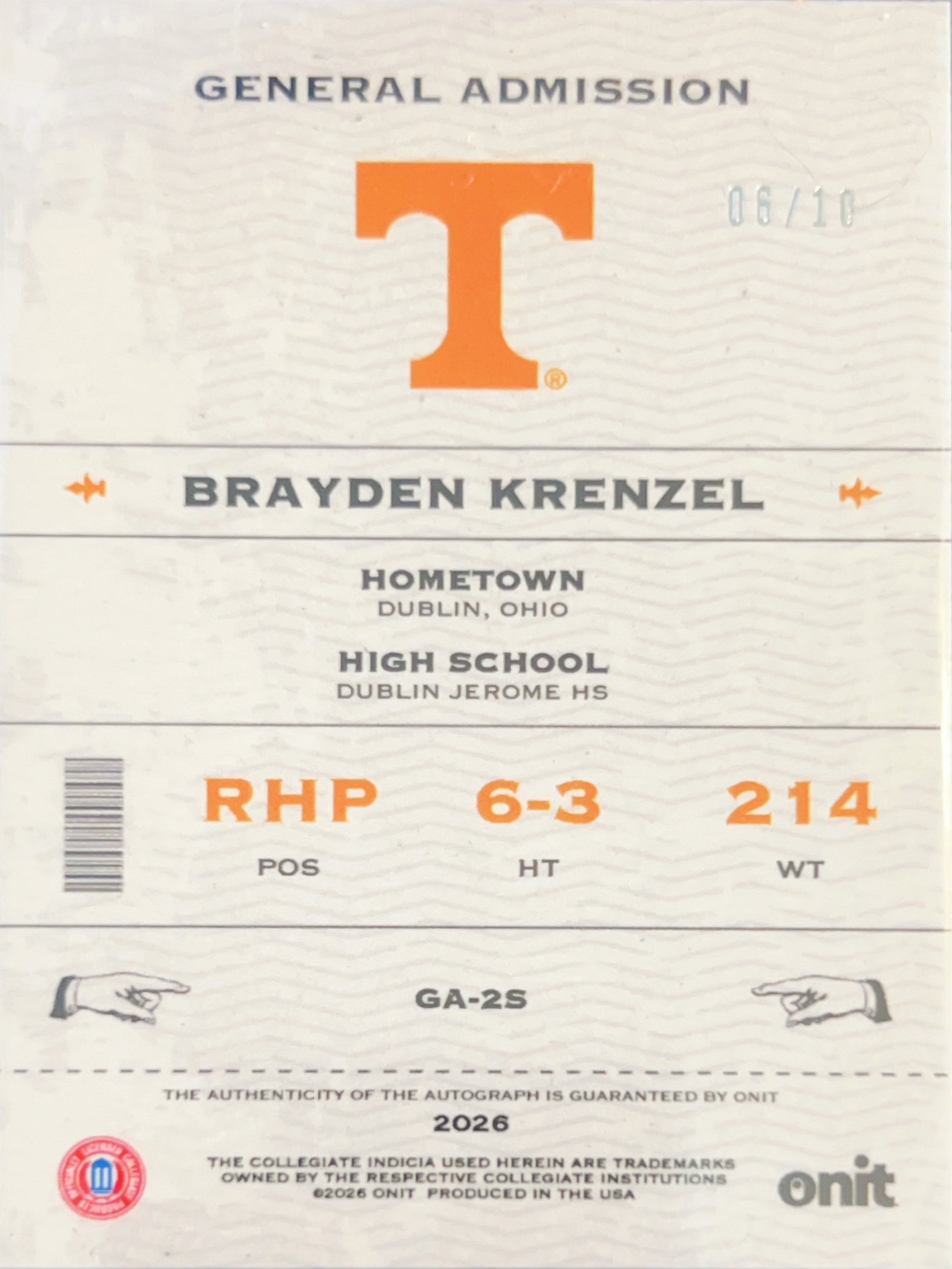 2026 ONIT Signature Series Brayden Krenzel #GA-2S Gold Sparkle /10