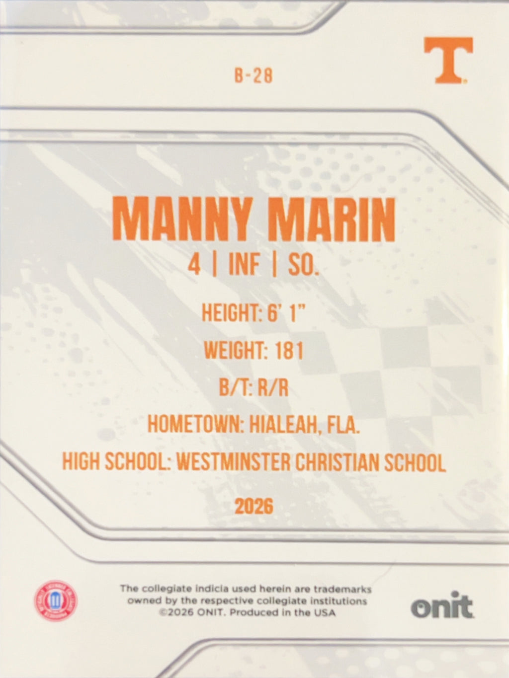 2026 ONIT Tennessee Baseball Manny Marin #B-28
