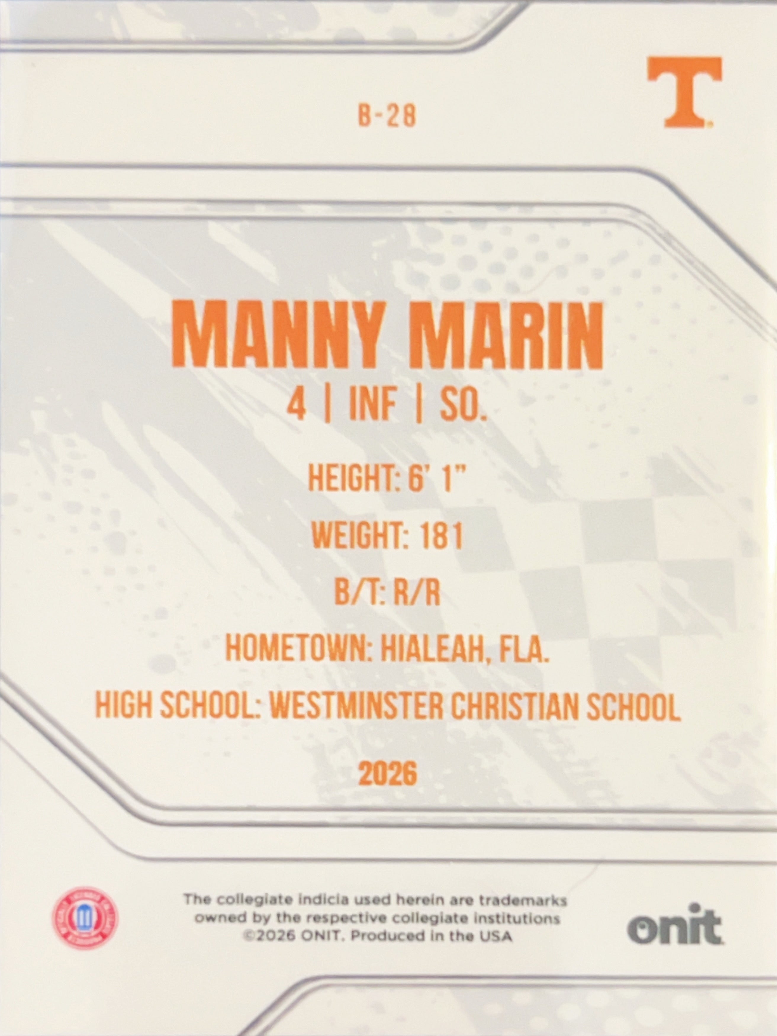 2026 ONIT Tennessee Baseball Manny Marin #B-28