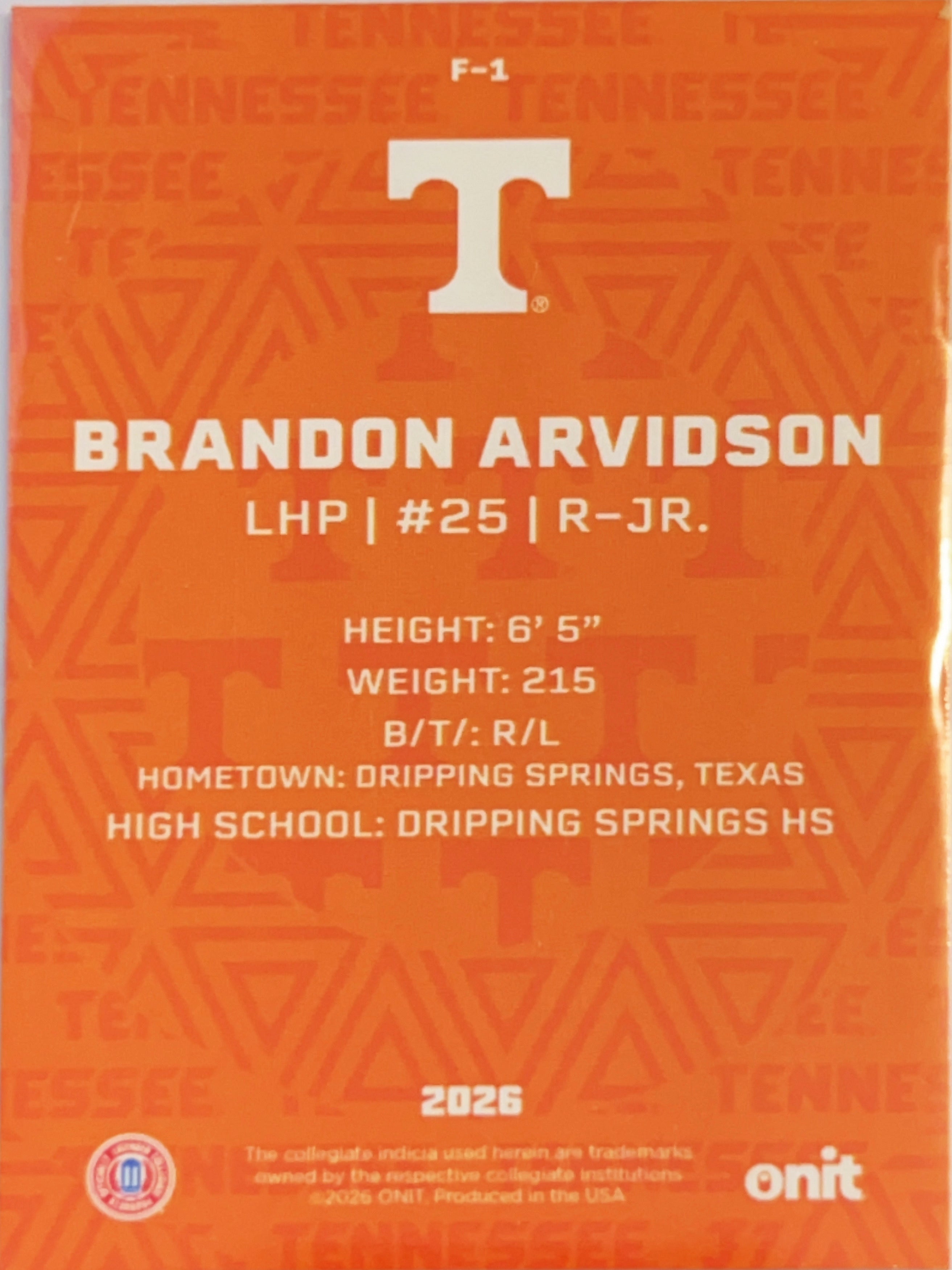 2026 ONIT Tennessee Baseball Brandon Arvidson #F-1
