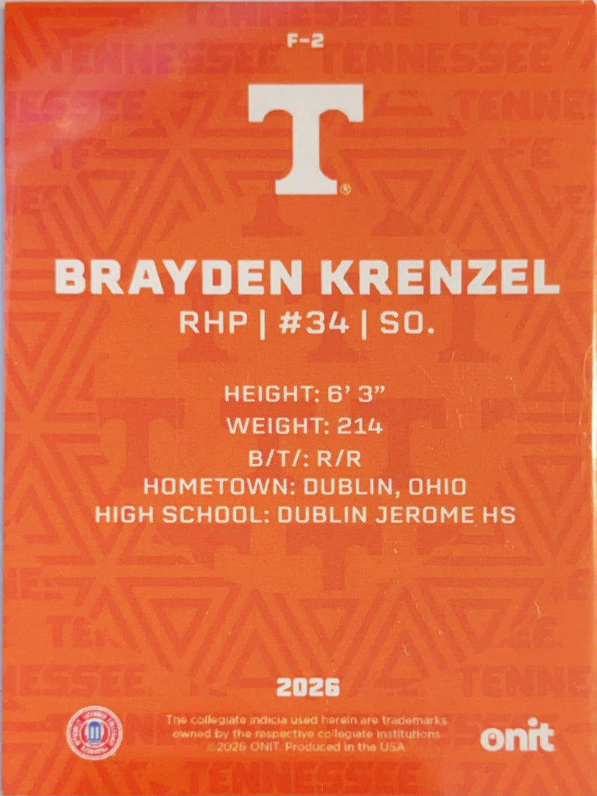 2026 ONIT Tennessee Baseball Brayden Krenzel #F-2 Orange Glitter