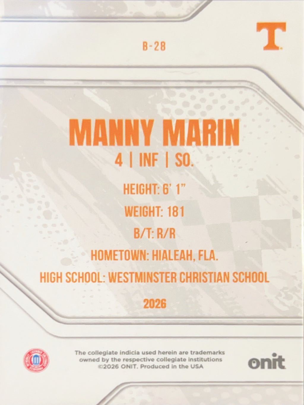 2026 ONIT Tennessee Baseball Manny Marin #B-28 Orange Glitter Holo /49