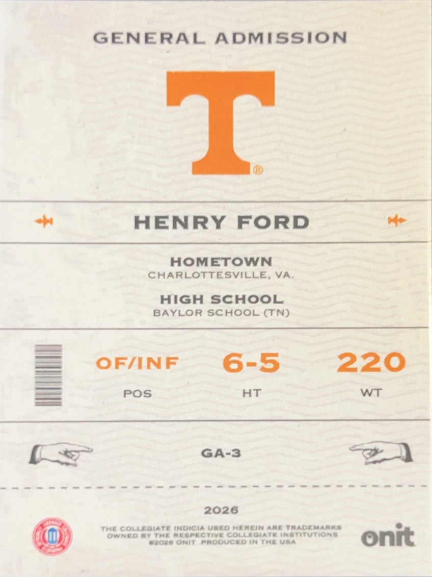 2026 Onit Tennessee Baseball Henry Ford #GA-3 Gold Prizm